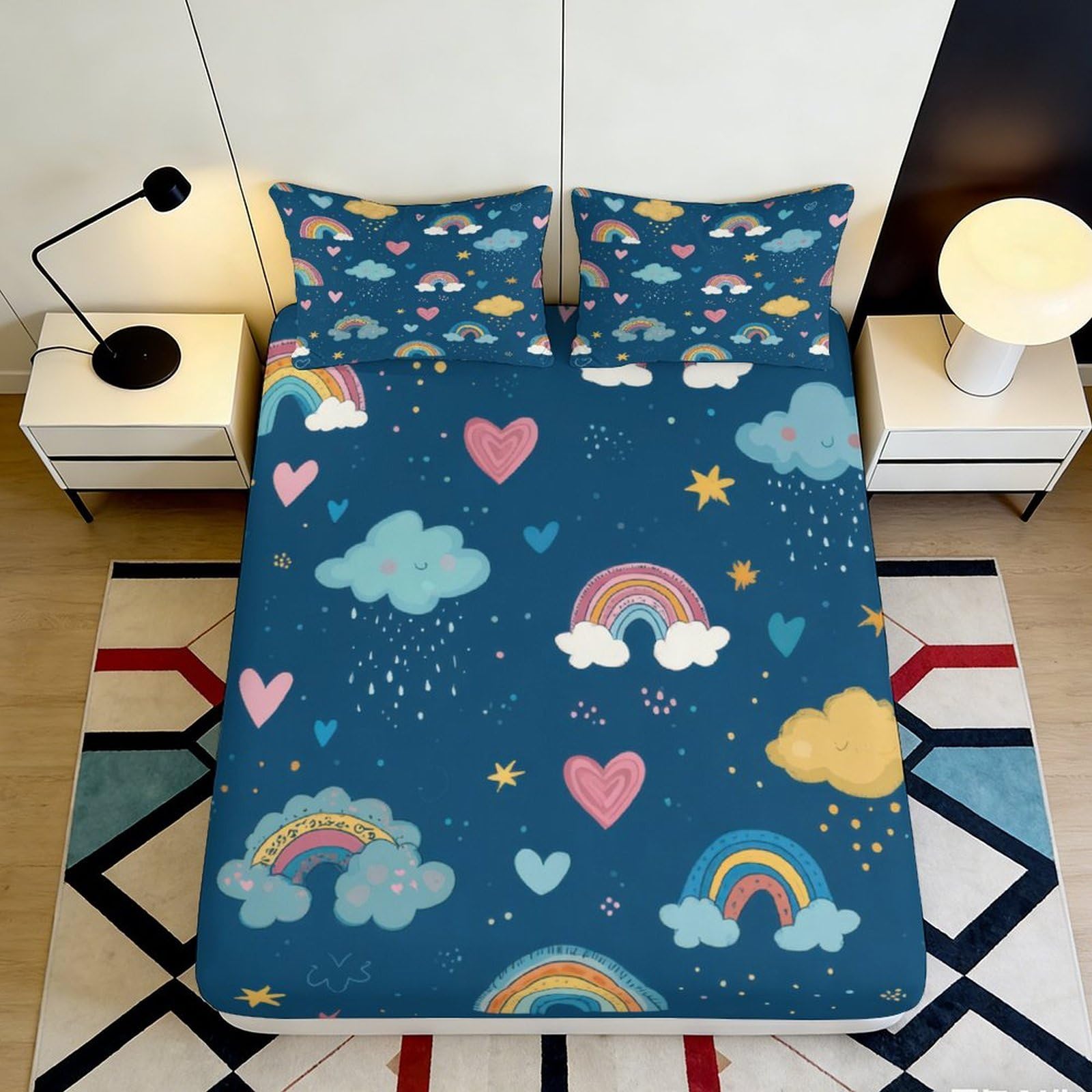 3D Printed Clouds Rainbow Fitted Sheet Microfiber Deep Pocket Elastic Hem Bedroom Bedding Clouds Rainbow Mattress Fitted Cover 140x200x25cm
