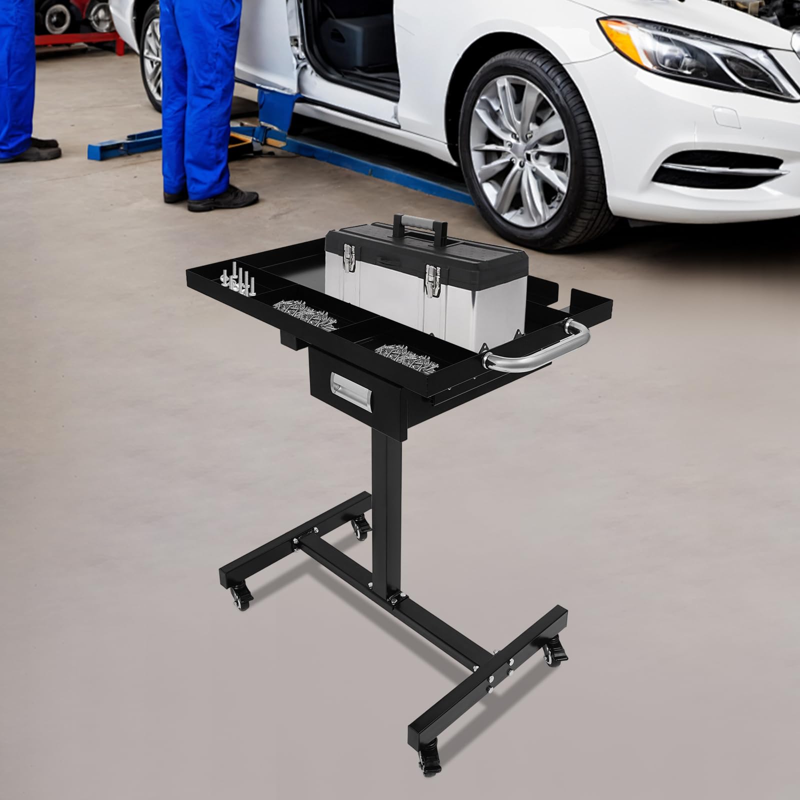 Carro de taller móvil con cajón, carro de montaje de acero con compartimentos para piezas pequeñas y portaherramientas, carro para taller y garaje hasta 100 kg, color negro