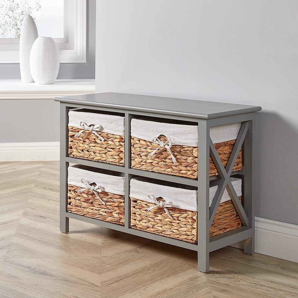 Home Source Grey Wooden Storage Unit Chest Water Hyacinth Basket