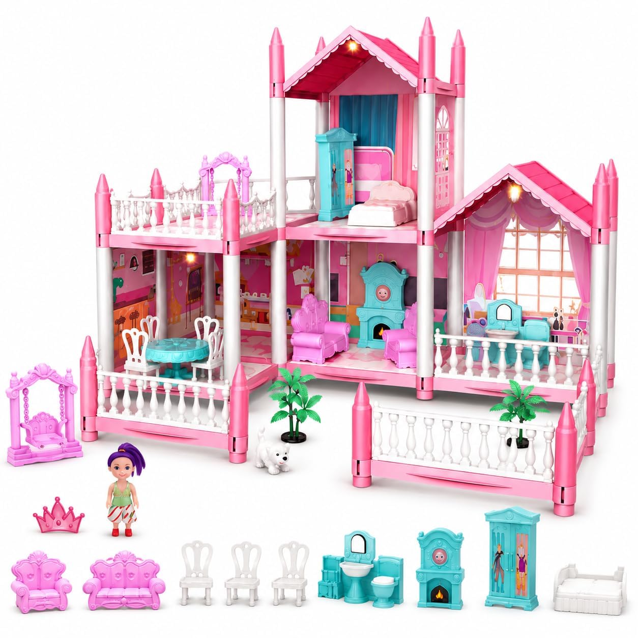 2-Story Doll House for Girls with Dolls & Furniture | Princess Dream House Toy with 4 Rooms | Pretend Play Dollhouse for Kids Age 3+ Years (Doll House)-image-19