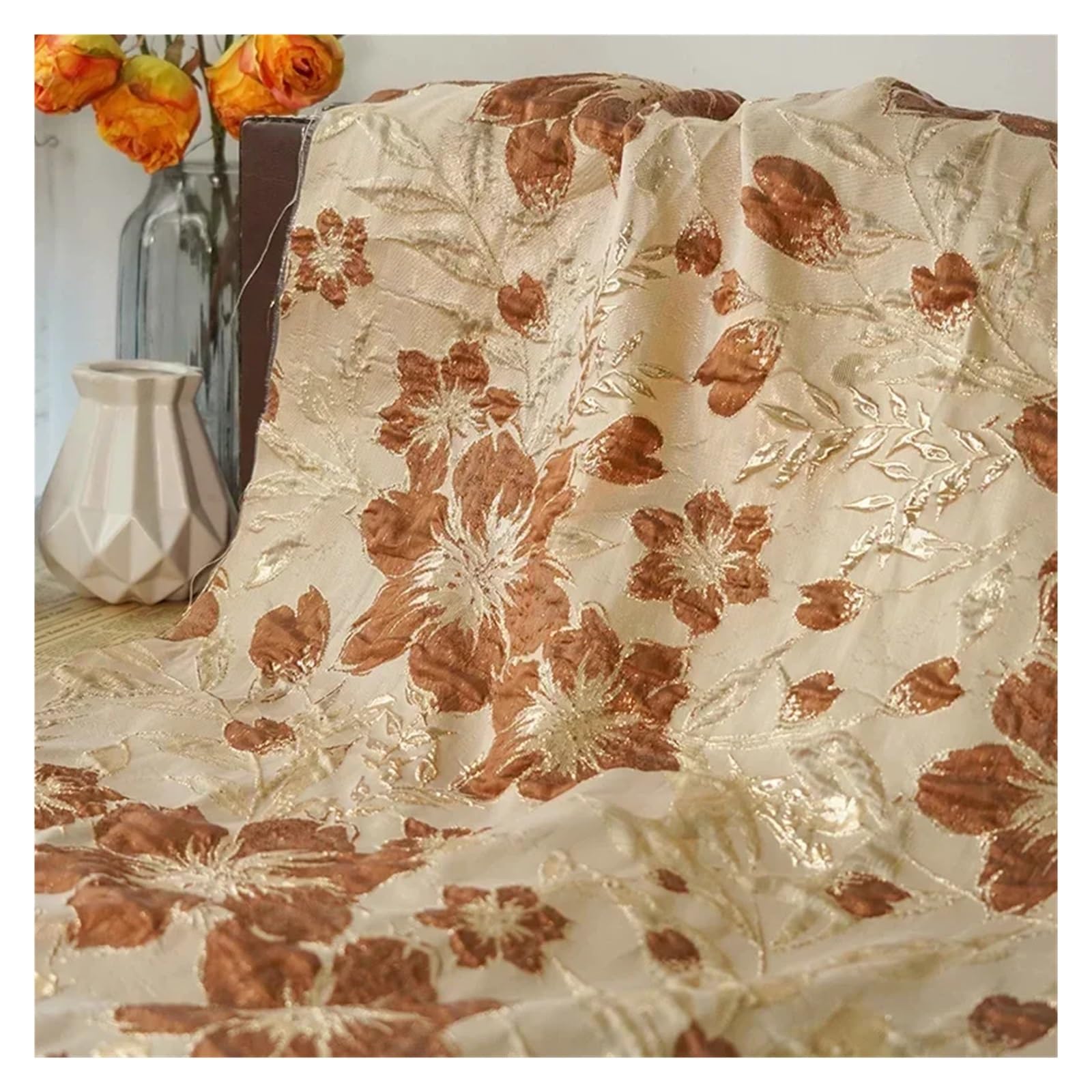 Jedwabista satynowa tkanina typu liquid, Jedwabista satynowa jedwabna tkanina żakardowa z tłoczonym kwiatem Damska sukienka wielokolorowa 45 cm x 145(Brown)