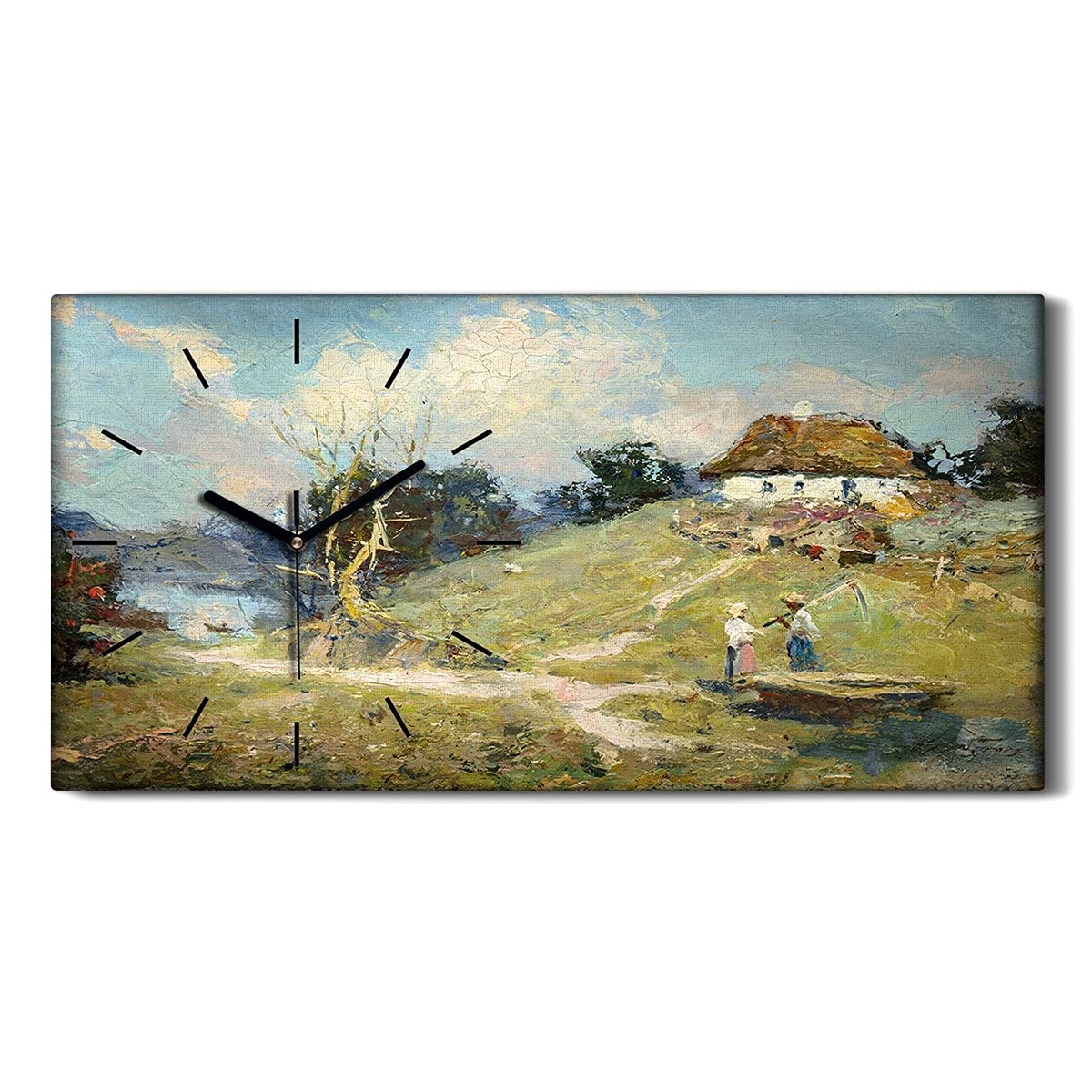 Horloge sur toile salon et chambre motif paysage villageois 60cm