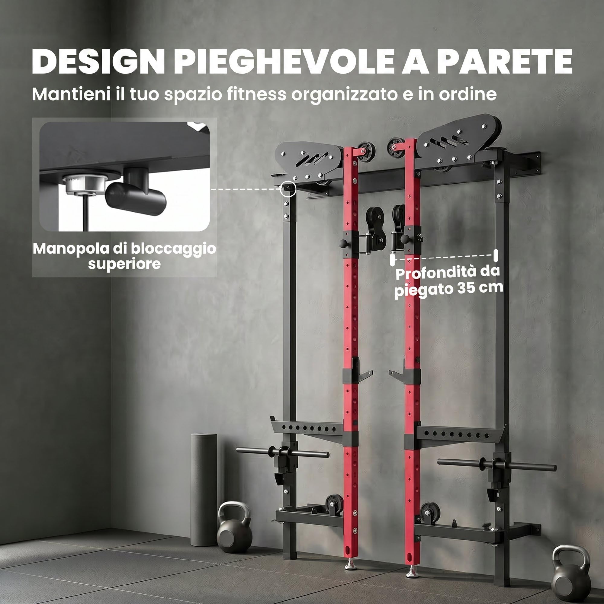 SPORTNOW Power Tower Pieghevole da Parete con Barra Trazioni Rosso | Rack Palestra, Sistema a Puleggia per Cavi, Squat Rack Multifunzione Regolabile 14 Livelli, Palestra Casa, Max 700 kg