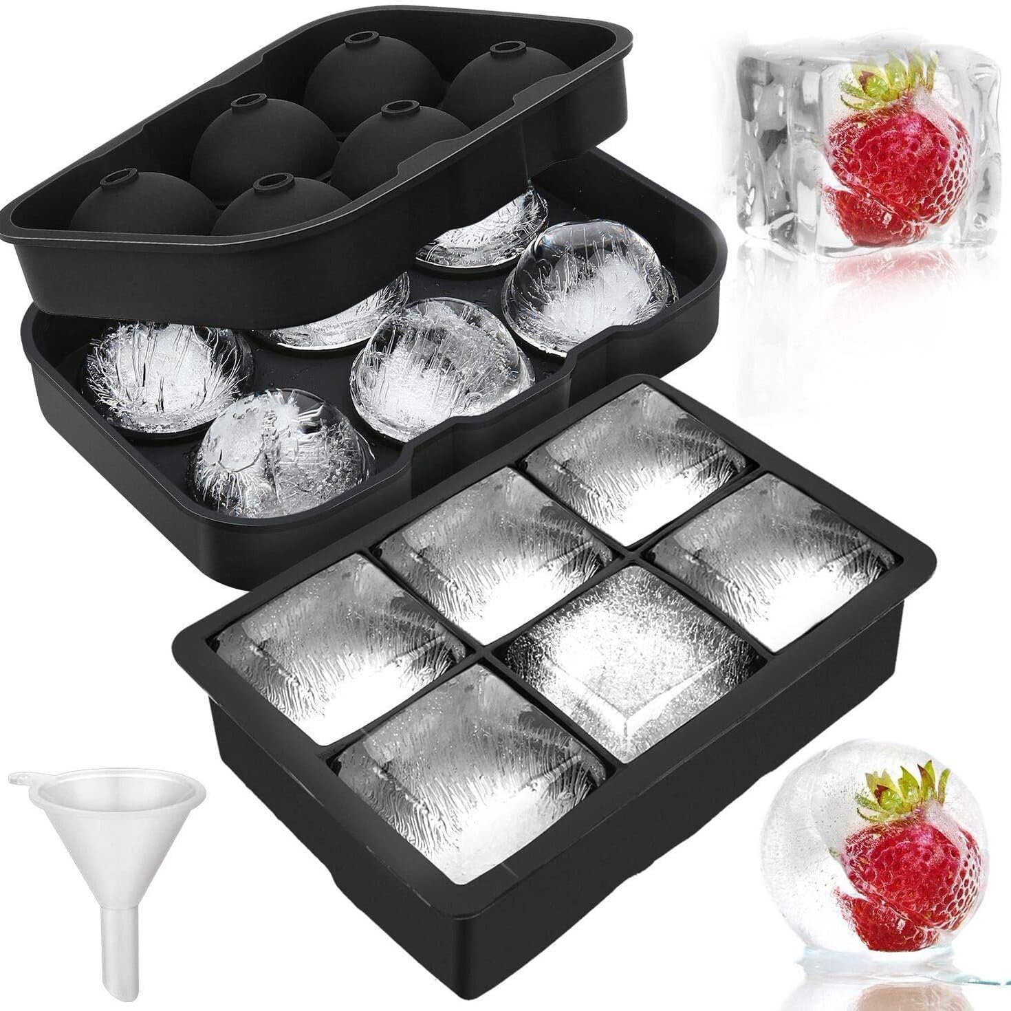 Ice Cube Tray Molds for Whiskey Set of 2, Large Square Ice Cube Mold Sphere Ice Ball Maker Whiskey, Cocktails,Reusable Round Silicone Tools, DIY,Freezer-Black