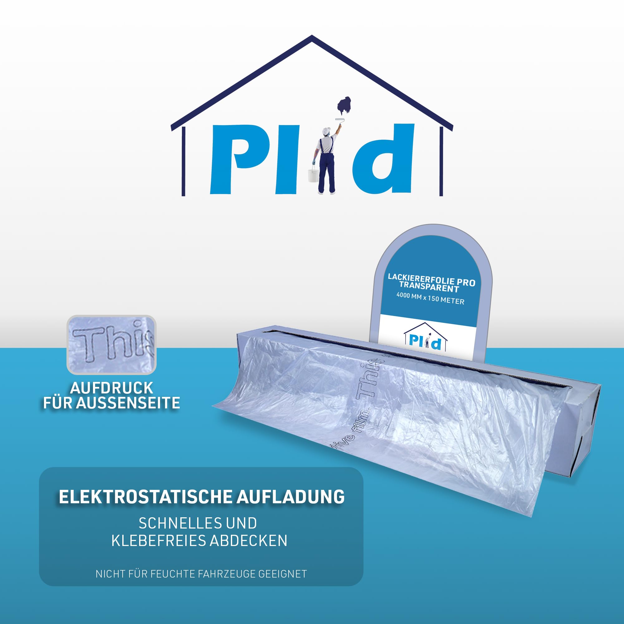 Plid® Lackiererfolie PRO 4m x 150m Transparent Schutzfolie | Abdeckfolie, Karosserieschutz, Undurchlässig, Einfache Anwendung, Starke Haftung