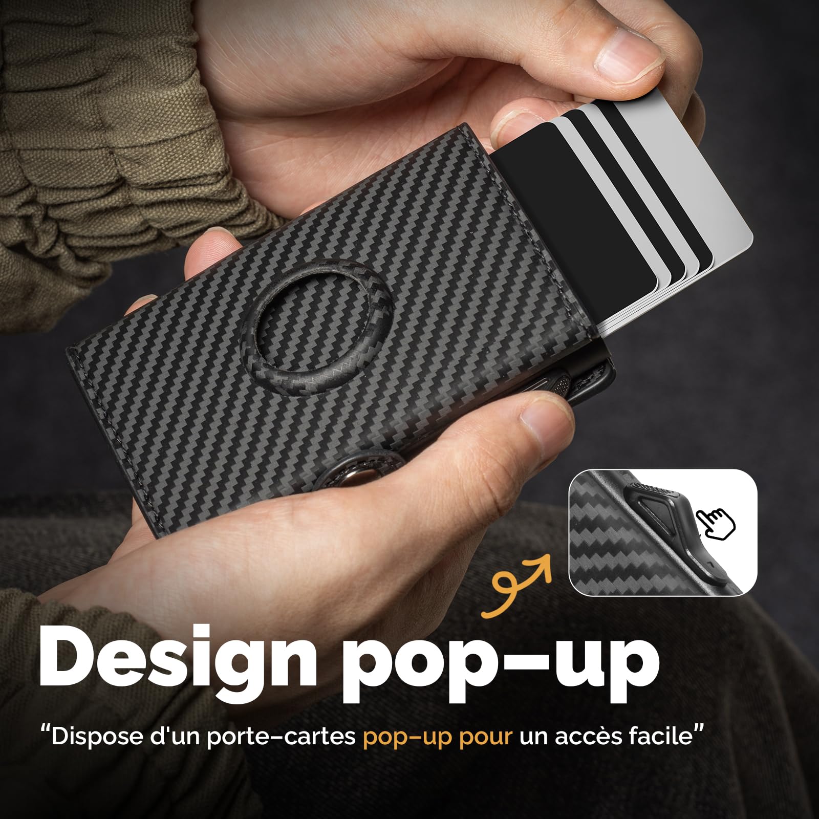 YESIIW AirTag Portefeuille pour Homme avec Blocage RFID, Compact Air Tag pour 12 Cartes, Porte-Monnaie Pop-up avec Compartiment à Monnaie et 2 fenêtres d'identité, Noir Carbone