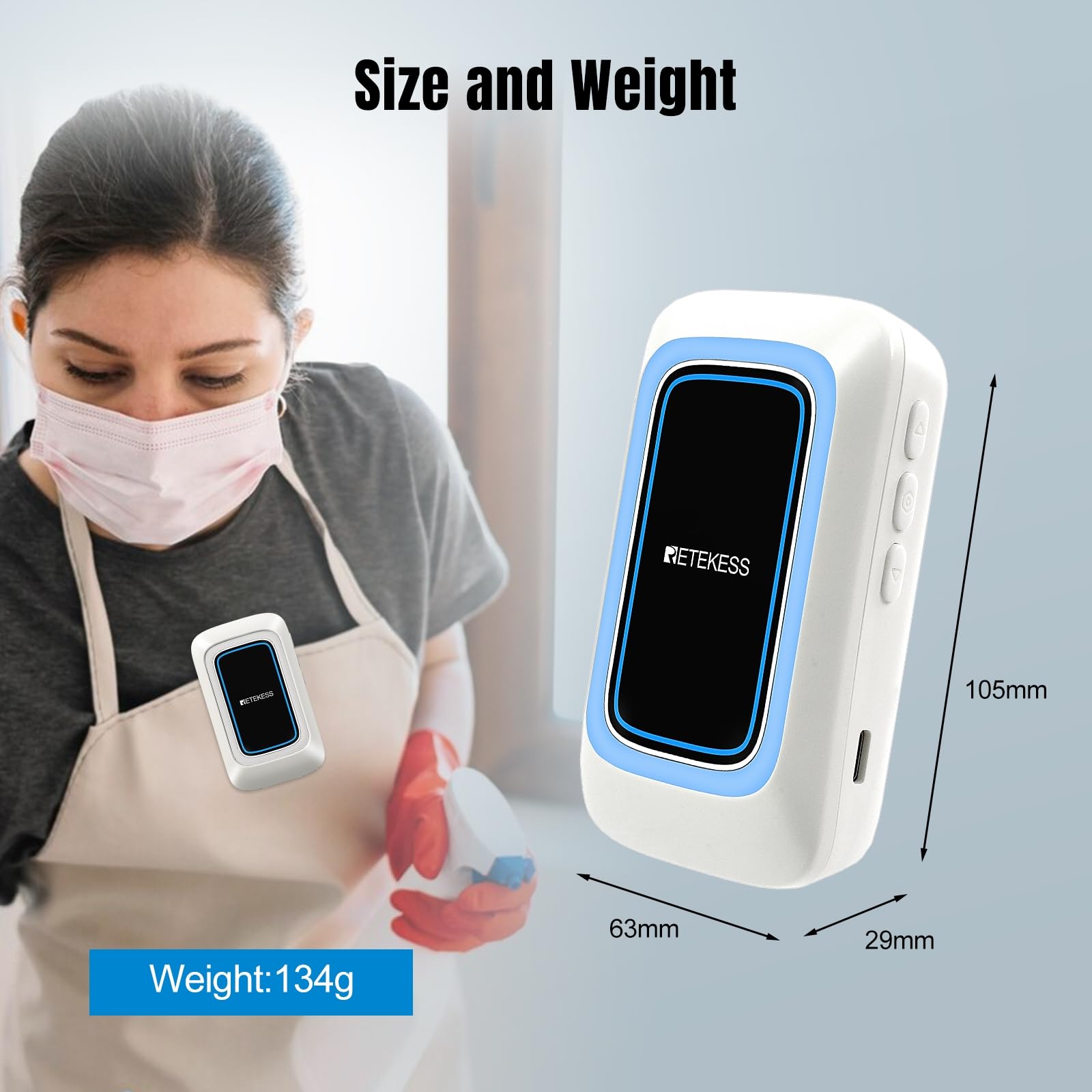 Retekess TH109 Pulsante Di Chiamata Wireless, Pulsante di Chiamata Per Anziani, Distanza di Comunicazione di 850 Piedi, Allarme Multimodale, Assistenza Domiciliare (1 Pulsante e 1 Ricevitor)