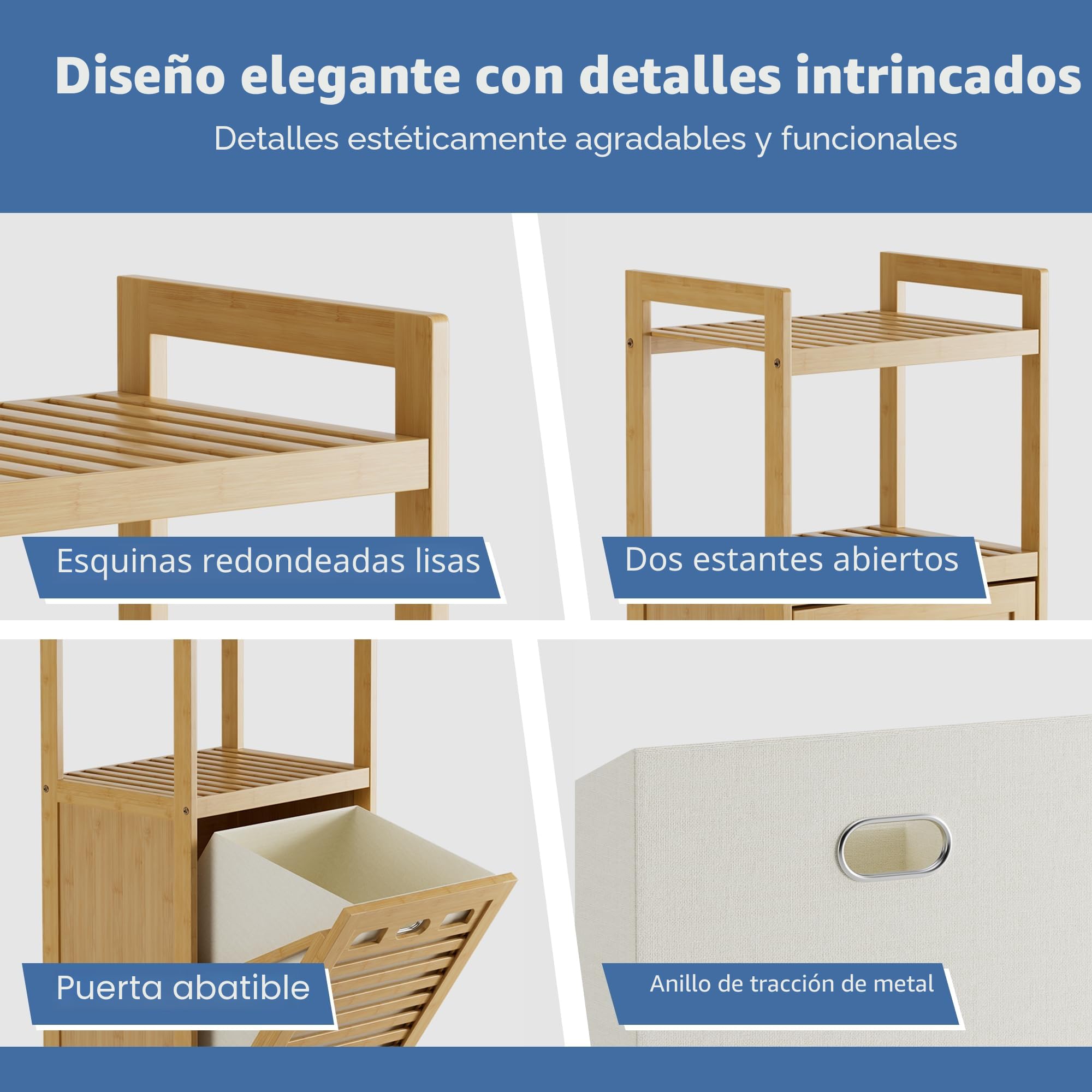 HITNET Mueble Ropa Sucia, Armario de Baño con 1 Cesta de Ropa Sucia y 2 estantes Abiertos, 40L Bolsa Interior Extraíble con Asas para Sala de Estar y Dormitorio, Natural