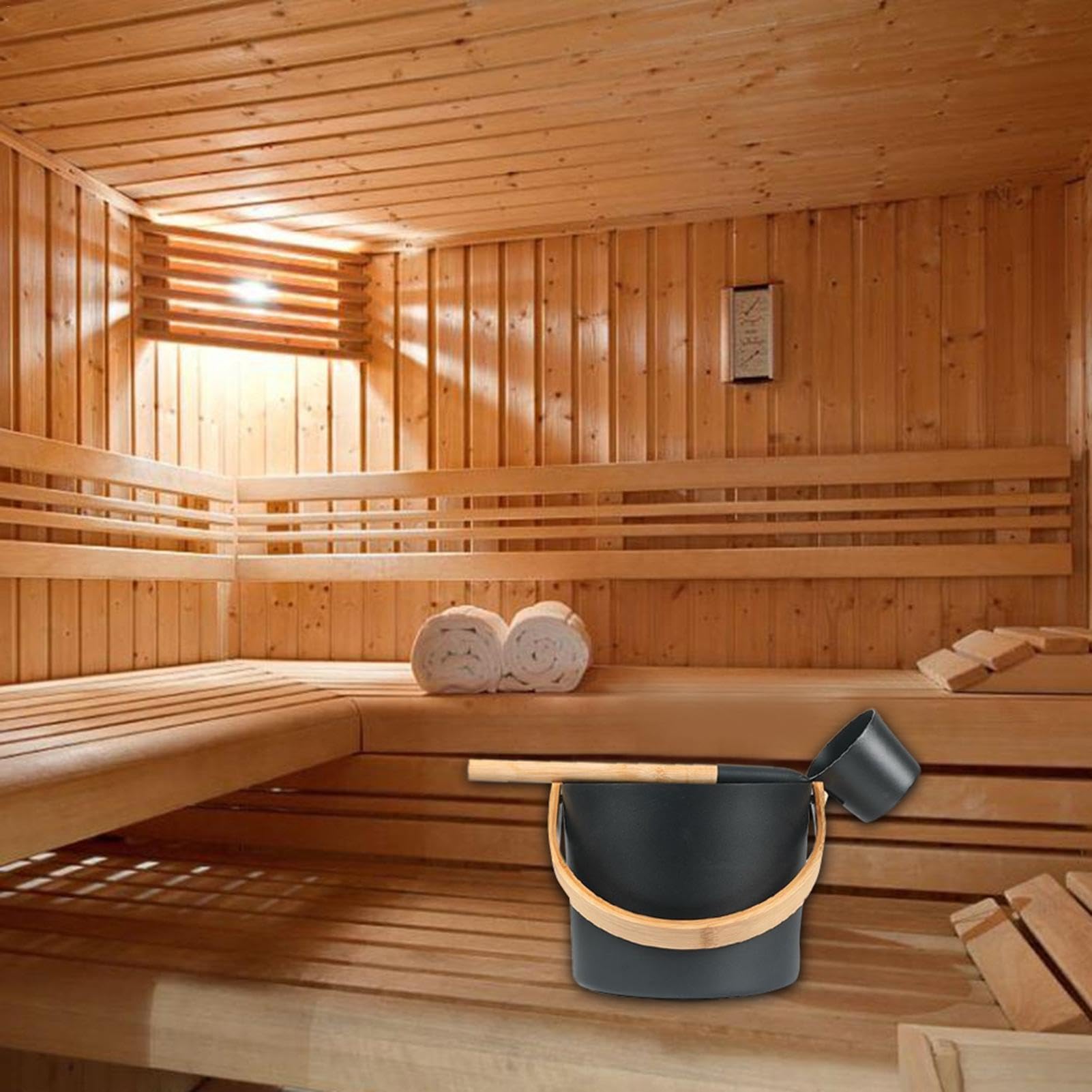 Louche pour sauna – Seau et louche | Seau de sauna finlandais luxueux en aluminium de 7 L avec cuillère à long manche | Accessoires de sauna pour homme et femme