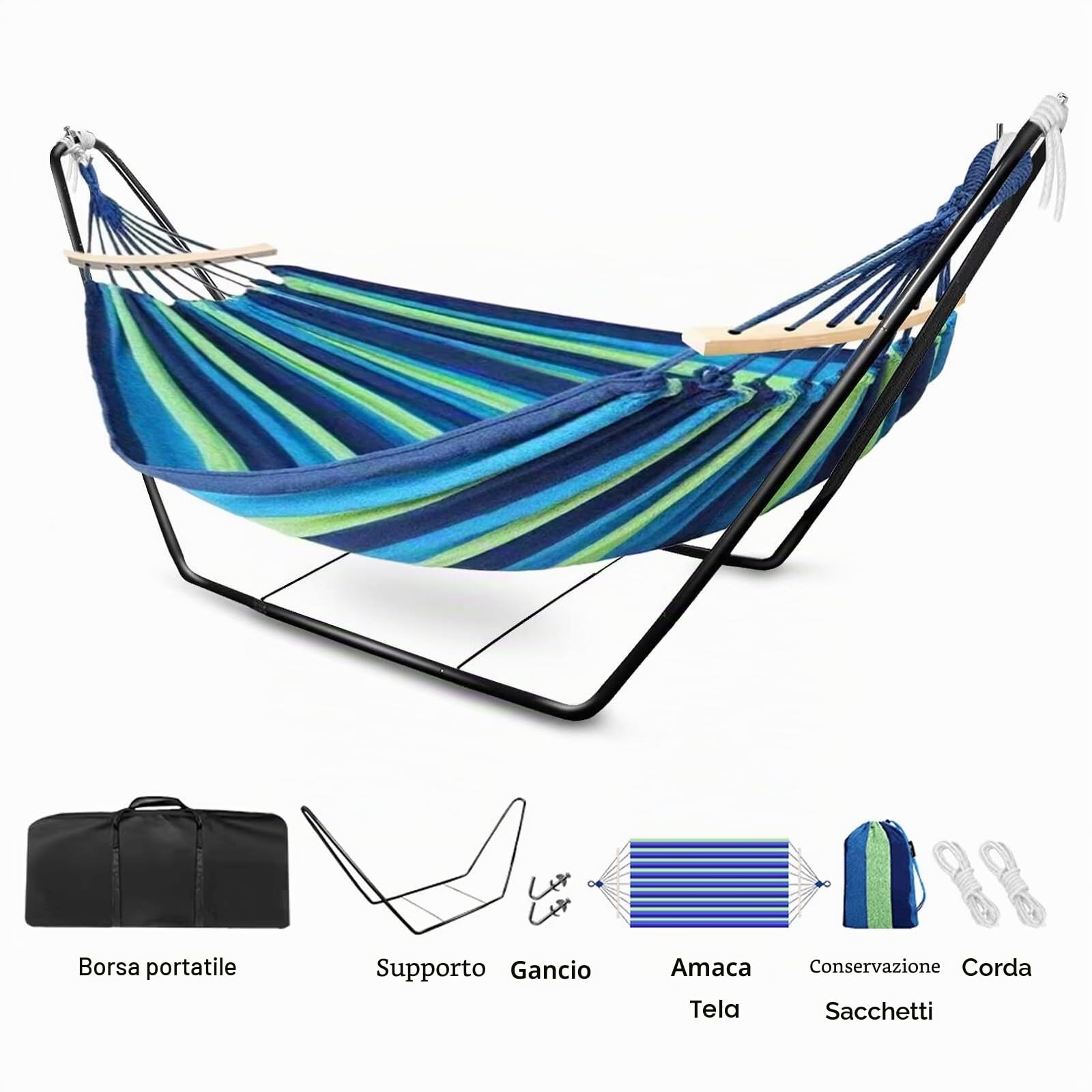 Amaca per 1-2 persone, amaca con telaio per interni ed esterni, 195 * 80 cm, capacità di carico fino a 135 kg Portatile con borsa per il trasporto per balcone, giardino, campeggio