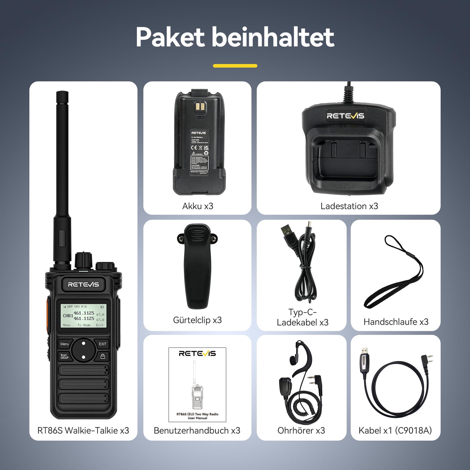 Retevis RT86S Funkgerät Große Reichweite, Walkie Talkie mit LCD-Display | Profi Handfunkgerät mit 2600mAh Akku & Gruppenanruf, inkl. Ohrhörern, für Reinigungskräfte & Lager, Schwarz, 3 Stück