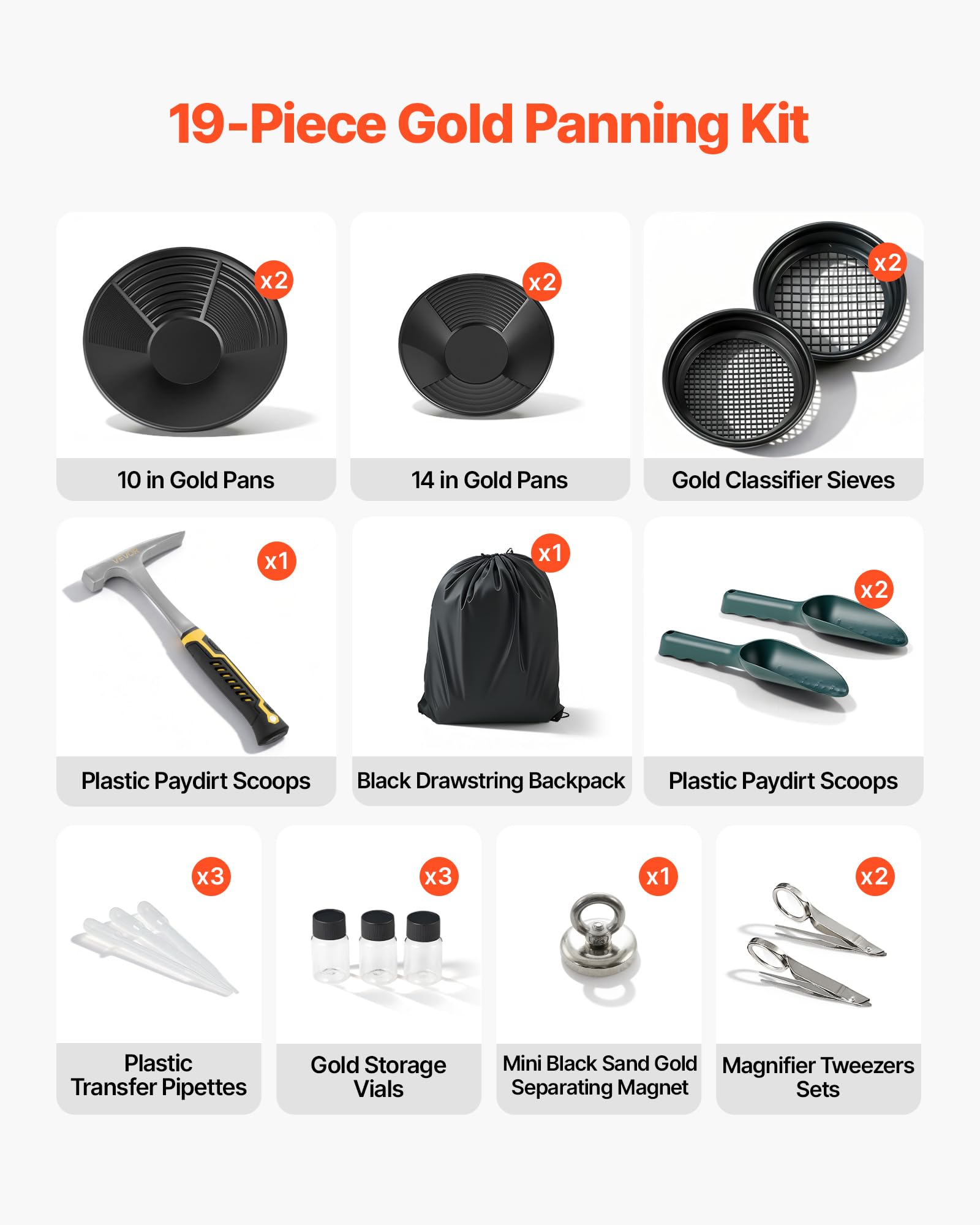 VEVOR Kit Complet d'Orpaillage Portable, Batées d'Orpaillage de 254 mm et 355 mm, 19 Pcs avec Tamis Classificateurs, Aimant pour Sable, Pioche, Pelles, Sac à Dos et Accessoires, pour Prospection d'Or
