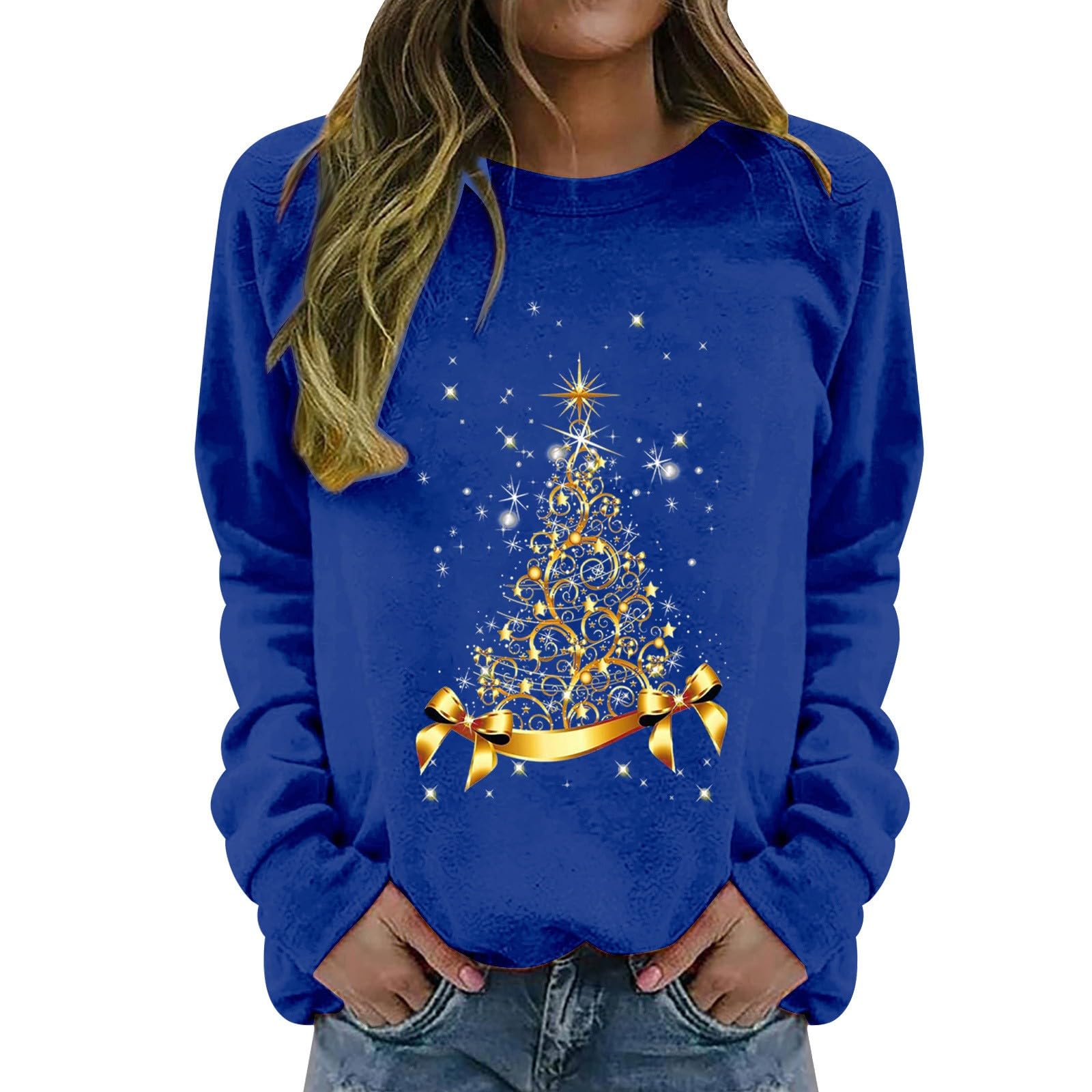 WLHBFWomen's Christmas Hoodies Funny Printed Jumpers Comfortable Cute Casual Blouse Crewneck Long Sleeves Tops Soft Jumper Graphic Lightweight Christmas Blouse