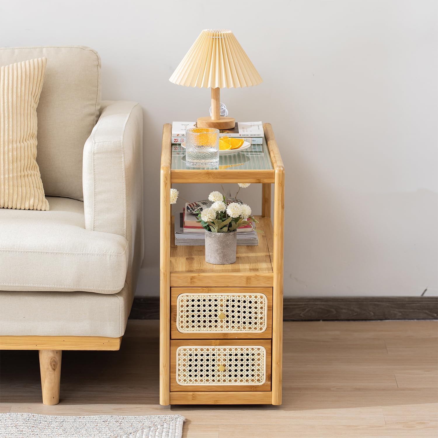 Bamboo & Rattan Side Table with Glass Top – 2-in-1 End Table and Bedside Cabinet with Drawer Storage for Small Spaces, Bedroom, Living Room, Nature