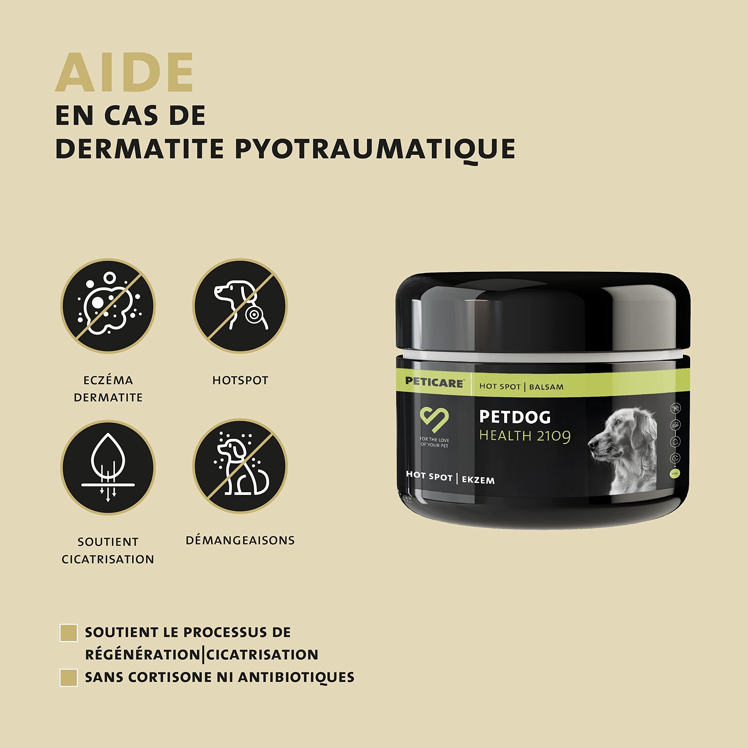 Peticare Chien Pommade Contre Pyo-Dermite et Hot-Spot - Le Baume Calme & Favorise la Cicatrisation de la Peau Irritee, Traitement Anti Dermatite, Dermite Atopique - petDog Health 2109