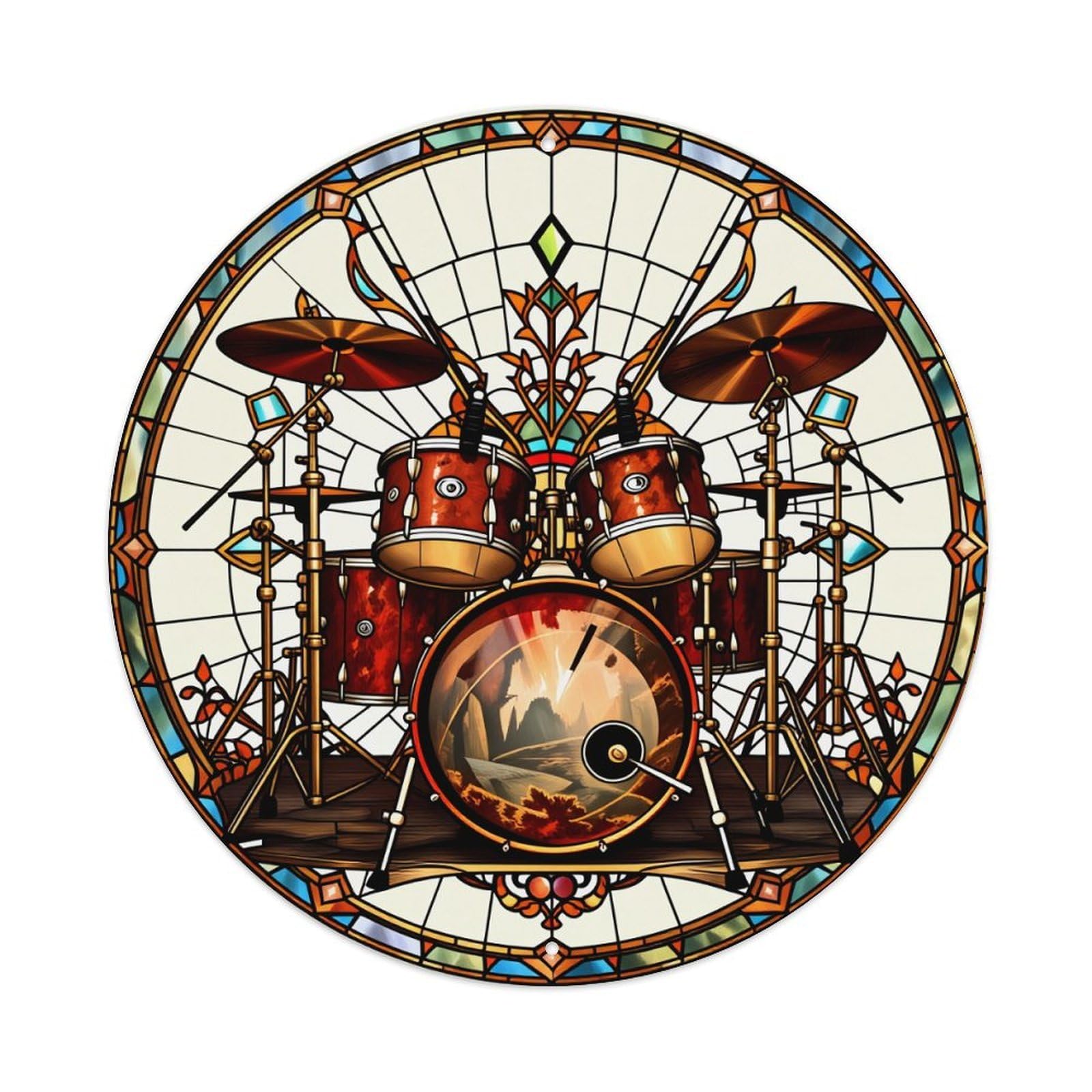 Stained Glass Drum Set Art Round Tin Sign Vintage Metal Poster Retro Bar, Home, Man Cave, Kitchen, Laundry Room Wall Art Decor Gift 8x8In