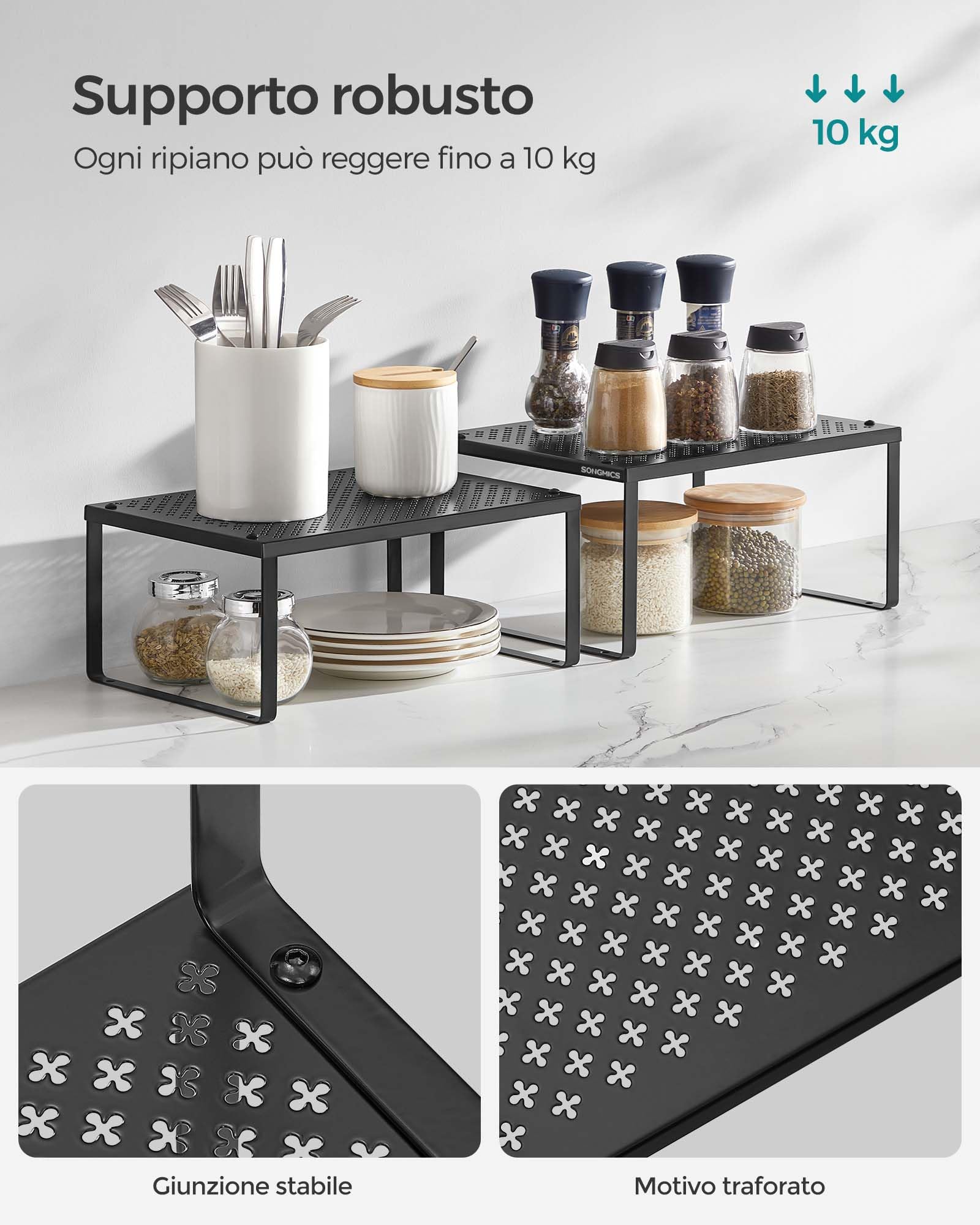 SONGMICS Scaffale Portaspezie, Set di 2 Organizzatori da Cucina Espandibili, Scaffale da Cucina Impilabile, Metallo, Nero Inchiostro KCS001B01