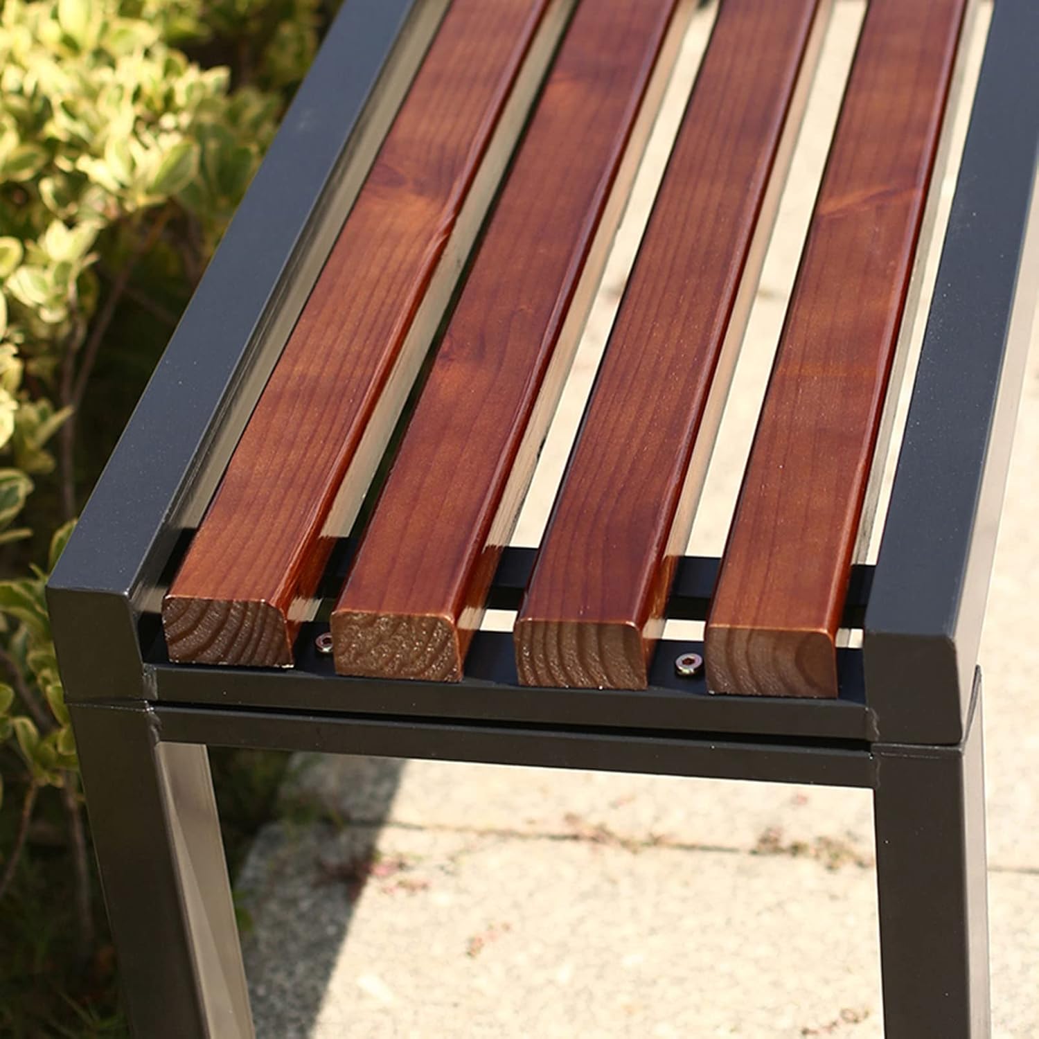 Garden Bench Park Slatted Seats Patio Loveseat, Outdoor Wooden Backless Porch Bench Metal Frame Chair, Lawn Front Porch Path Yard Decor Deck Furniture for 2-3 Person Seat, For Hospital/School/Plaza