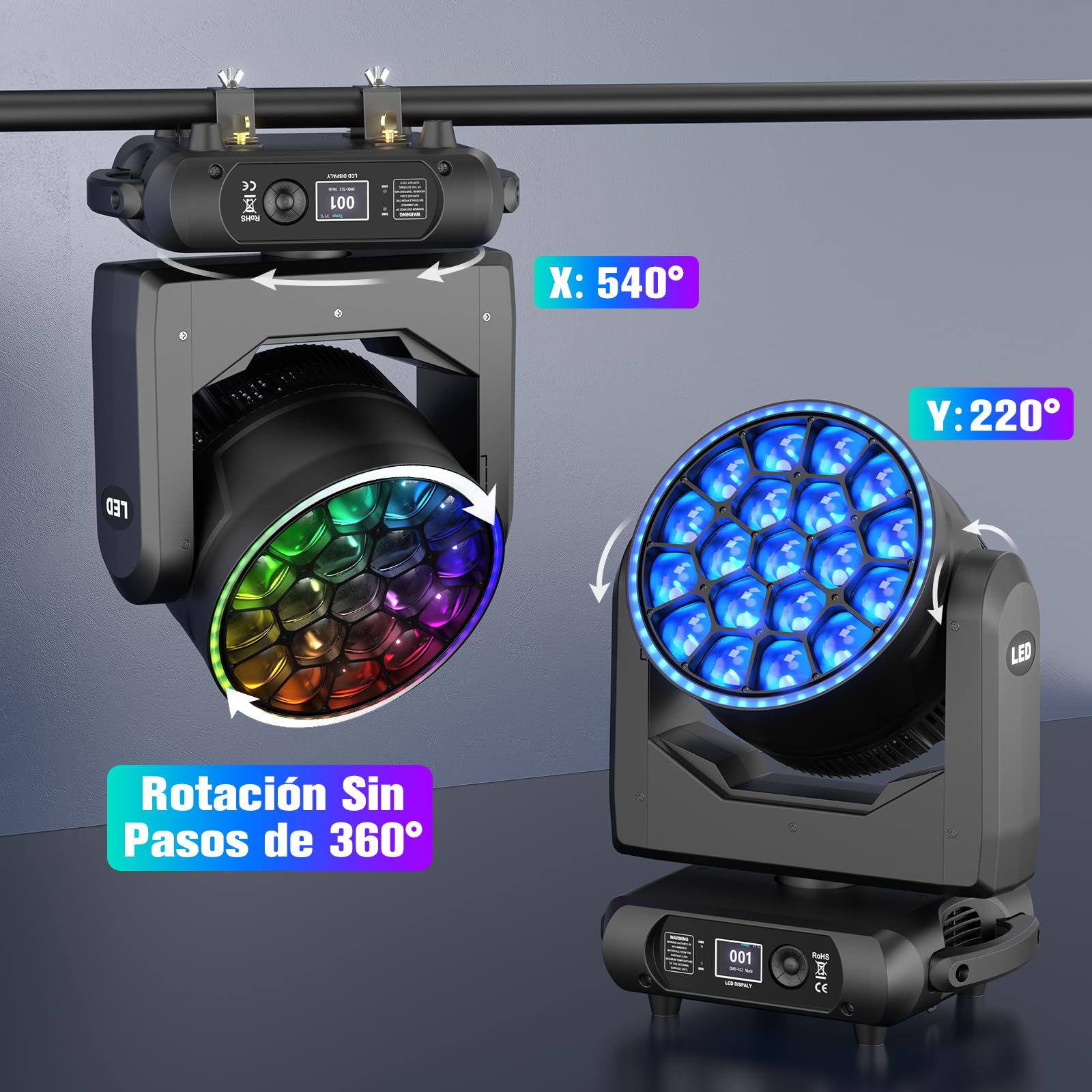 2 pezzi Teste Mobili LED 19 x 20W LED RGBW Beam Wash Luce da Palcoscenico Colore Vortice Caleidoscopio Zoom Effetto Luce di Scena DMX512 per Natale Club DJ Discoteca Festa
