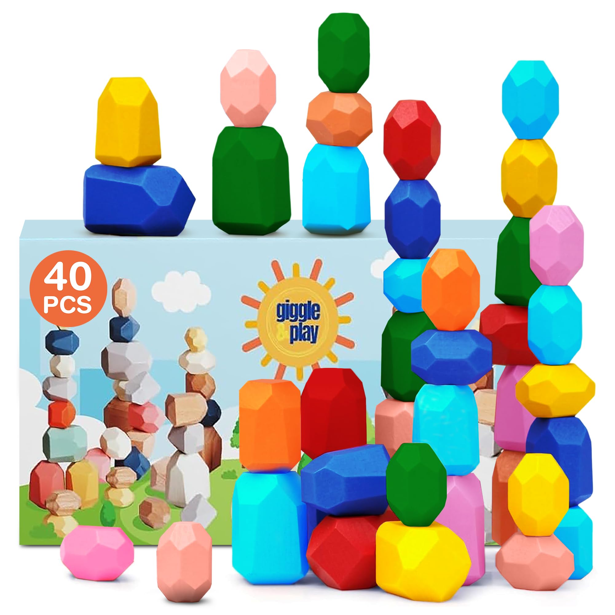 40 Pcs Wooden Stacking Stones Set, Montessori Toys for 3+ Year Old, Stacking Blocks for Fine Motor Skills & Creativity, Multicolor Playset for Toddlers & Kids, Free Storage Bag