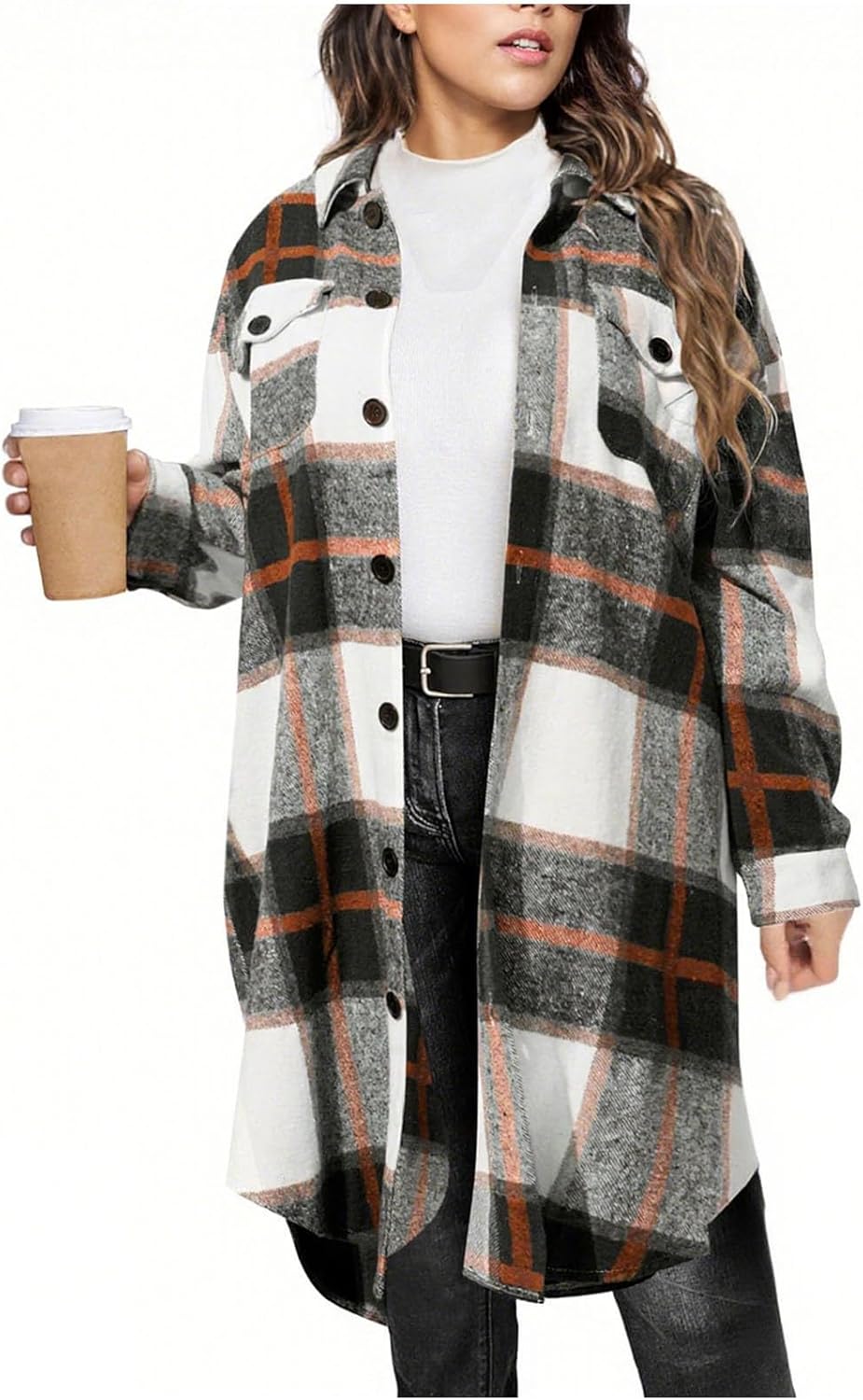 Womens Plaid Shirts Oversized Flannel Length Jacket Lapel Button Down Tartan Long Jackets Fall Lounge Coats with Pockets