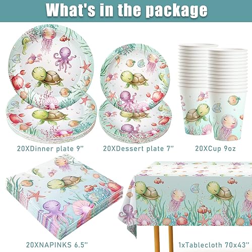 Miniatura 3 de Decoraciones de fiesta bajo el mar, platos de cumpleaños con temática de tortuga, servilletas y tazas con fondo de animales marinos del océano,