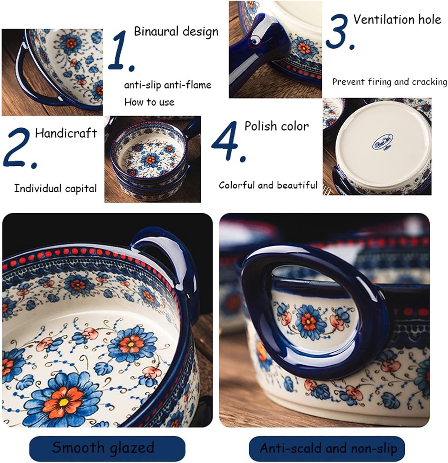 Baking Dish 2 Pcs Retro Baking Dish Ceramic Bakeware with Handle Bowl Household Kitchen Tableware Binaural Soup Bowl Baking Pan Rice Bowl Bakeware (Color : F) (C)