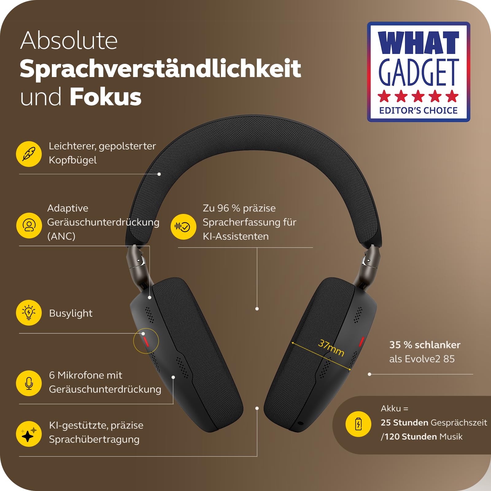 Jabra Evolve3 85 Over-Ear Bluetooth Headset kabellos mit Mikrofon für Büro, USB-C, KI-Sprachanruf, Adaptive Aktive Geräuschunterdrückung, 25h Akku, für Meeting-Apps, Schwarz