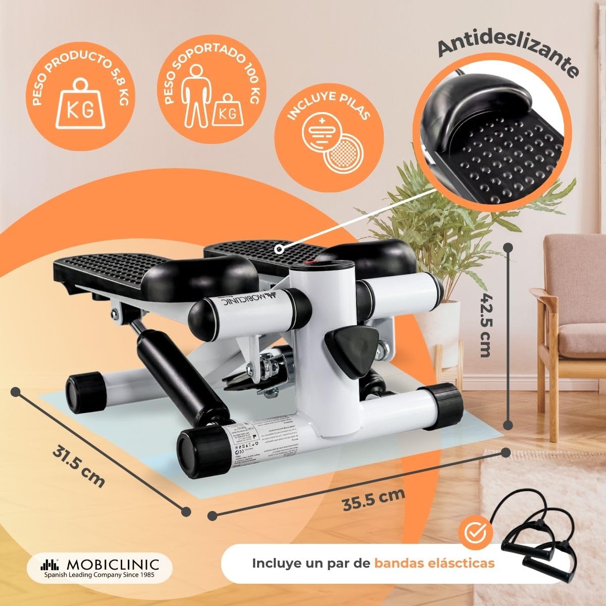 Mobiclinic® Fitness, Stepper, 2 en 1, Step Plus, Cuerdas de Resistencia, Multifunción, Brazos y piernas, Pantalla LCD, Carga 100 kg, Compacto, Gym casa, Altura Ajustable