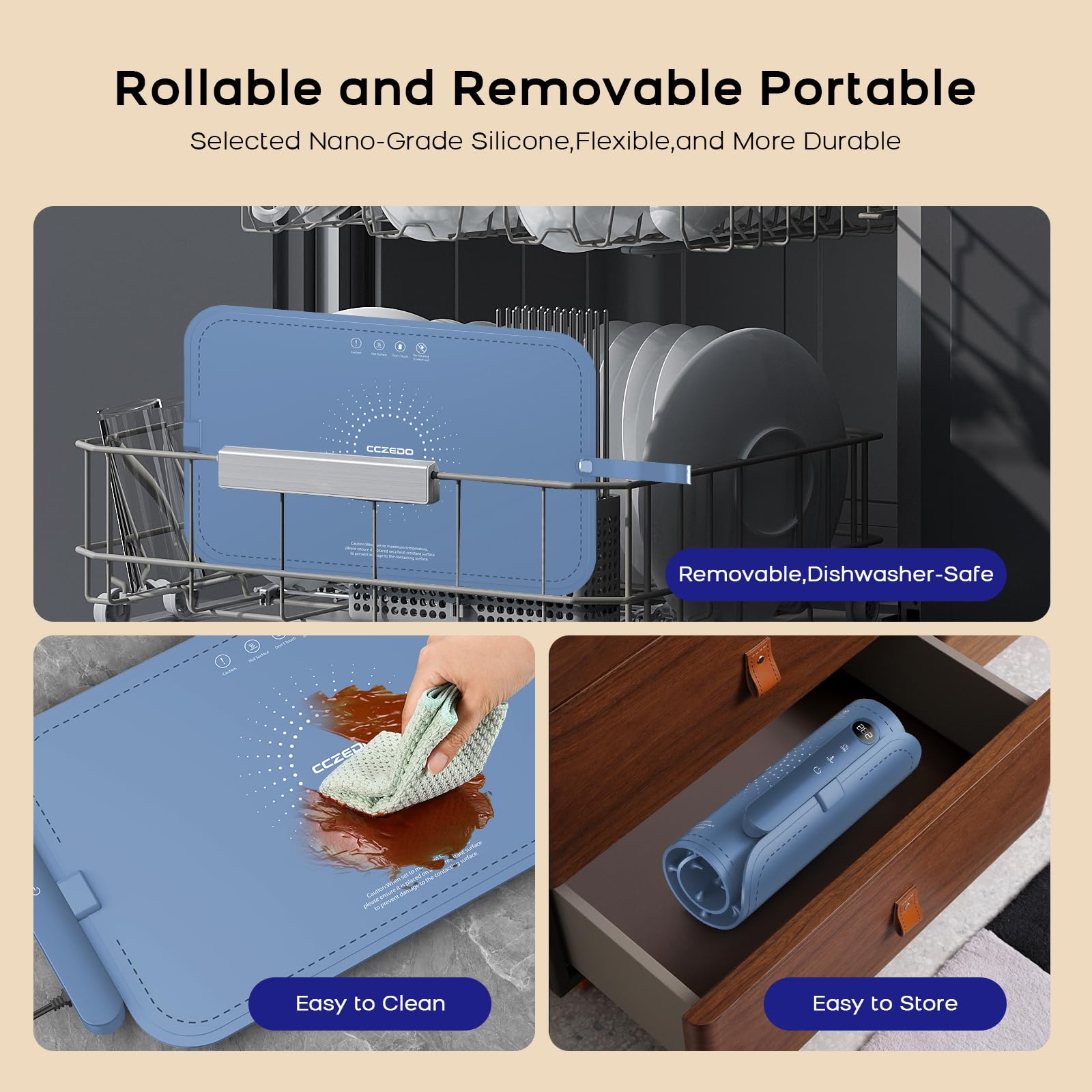 CCZedo Waterproof Warming Mat for Food,Upgraded Dishwasher-safe Food Warmer with Insulation Pad Defrosting Tray,6-Temp Control,Auto Shut-Off,Child Lock for Countertop,Parties,Buffets