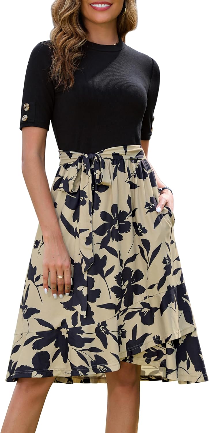 Annebouti Womens 2026 Short Sleeve Summer Spring Ribbed Modest Semi-Formal Teacher Casual Work Midi Dress with Pockets