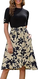 Womens 2025 Short Sleeve Spring Summer Ribbed Modest Semi-Formal Teacher Casual Work Midi Dress with Pockets - Buy now