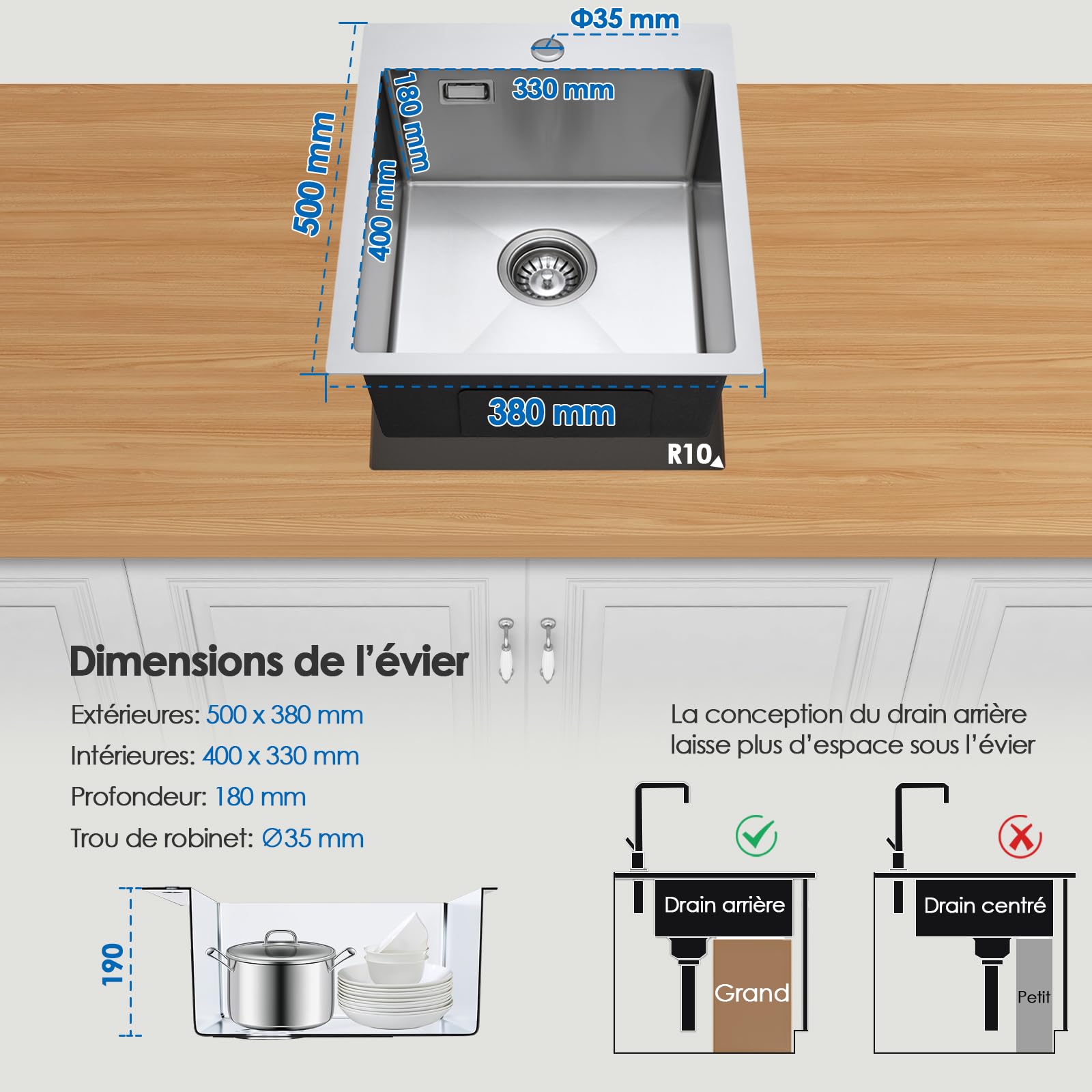 ROVOGO 50 x 38 cm Evier Cuisine en 304 Acier Inox, Kit de Vidage d'évier de Cuisine avec Trop-plein, Évier de Cuisine avec Trous pour Robinet, Lavabo Cuisine 1 Bac Brossée