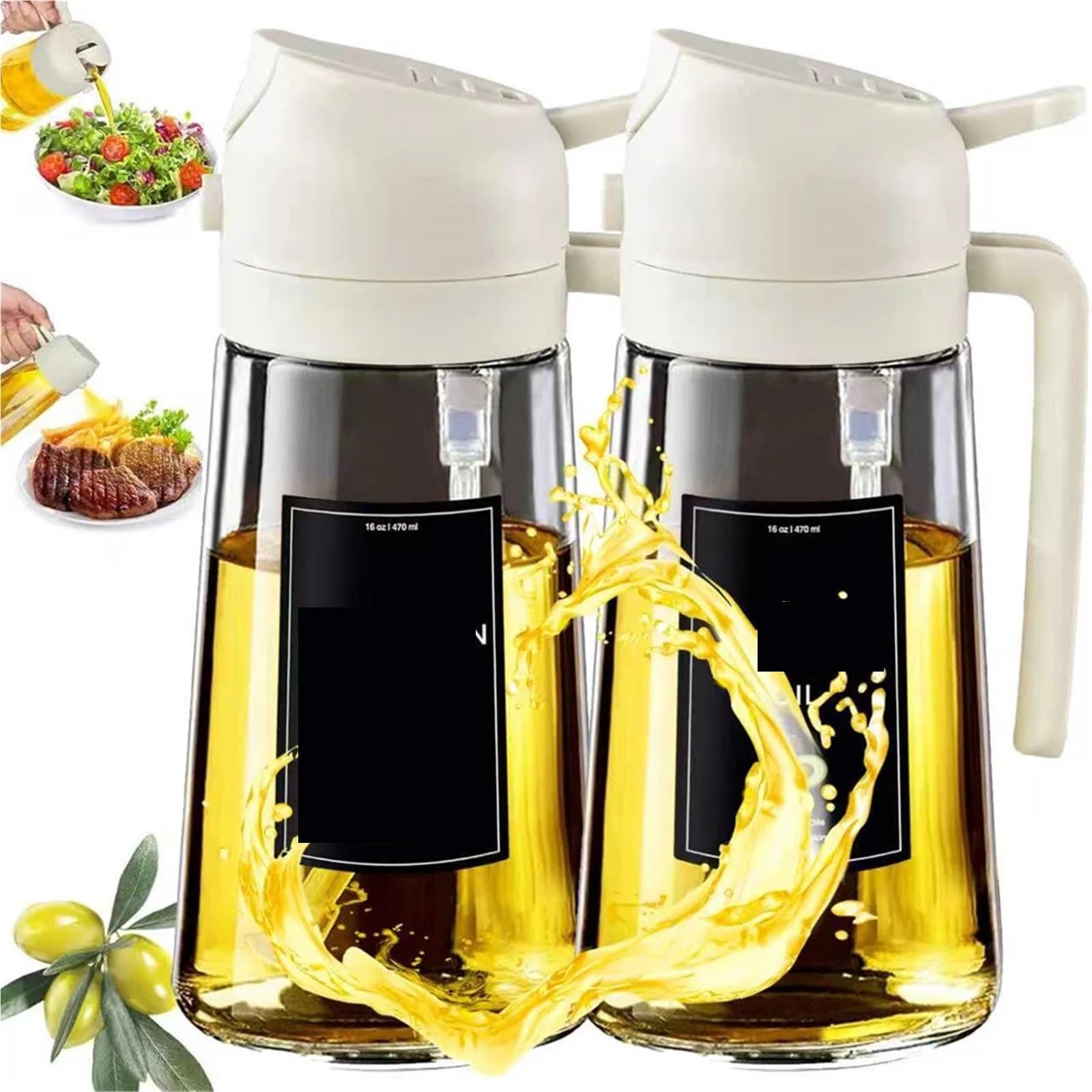 NGTFDCP Oil Dispenser, Oil Sprayer For Cooking,2in1 Dispenser Bottle For Kitchen,16oz/470ml Glass,Food-grade Mister for Air Fryer, Salad(2pcs White)