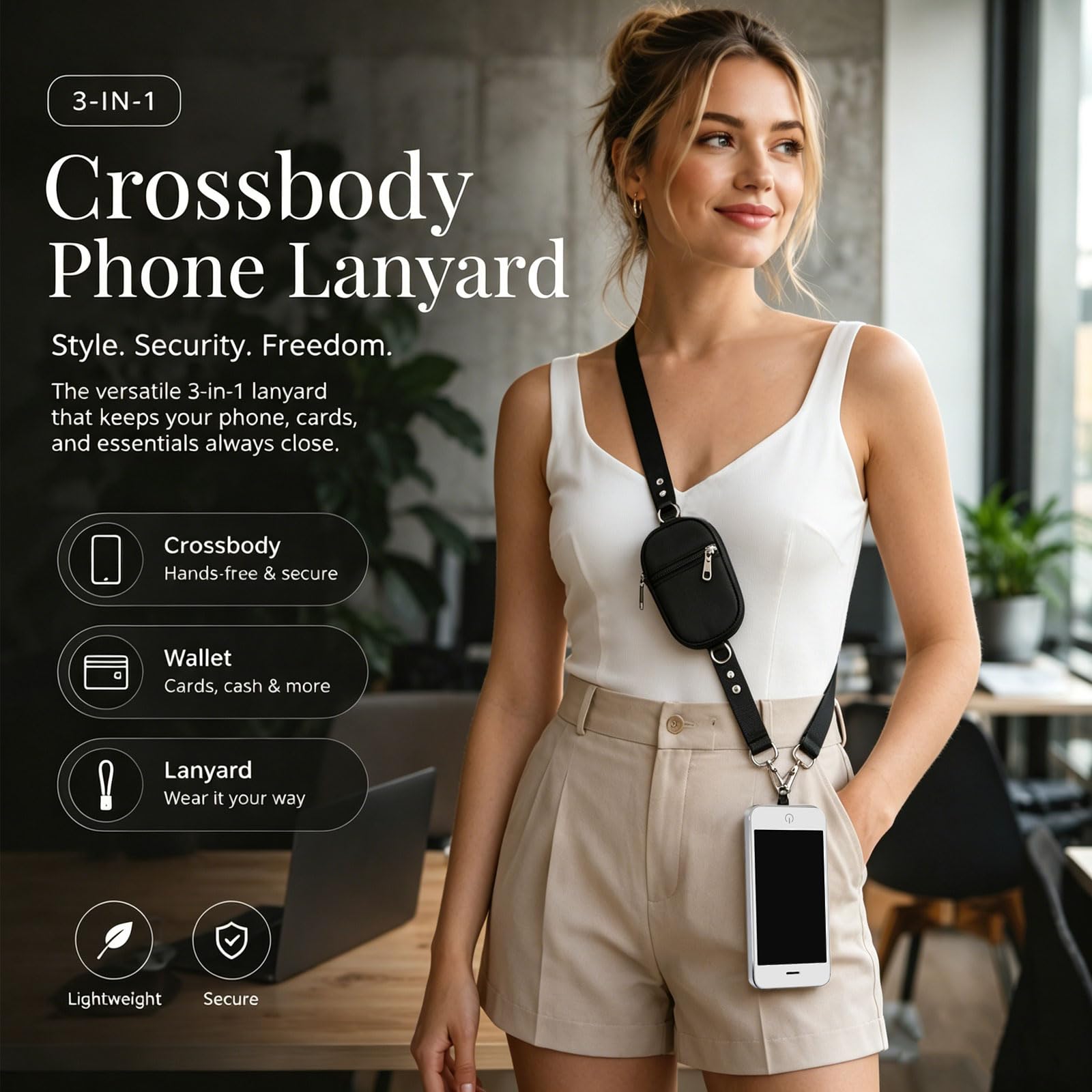 Tra Colla 3-in-1 Per Telefono Con Portafoglio RFID Removibile, Cinturino Regolabile Da 102 A 130 Cm, Compatibile Con Tutti Gli Smartphone