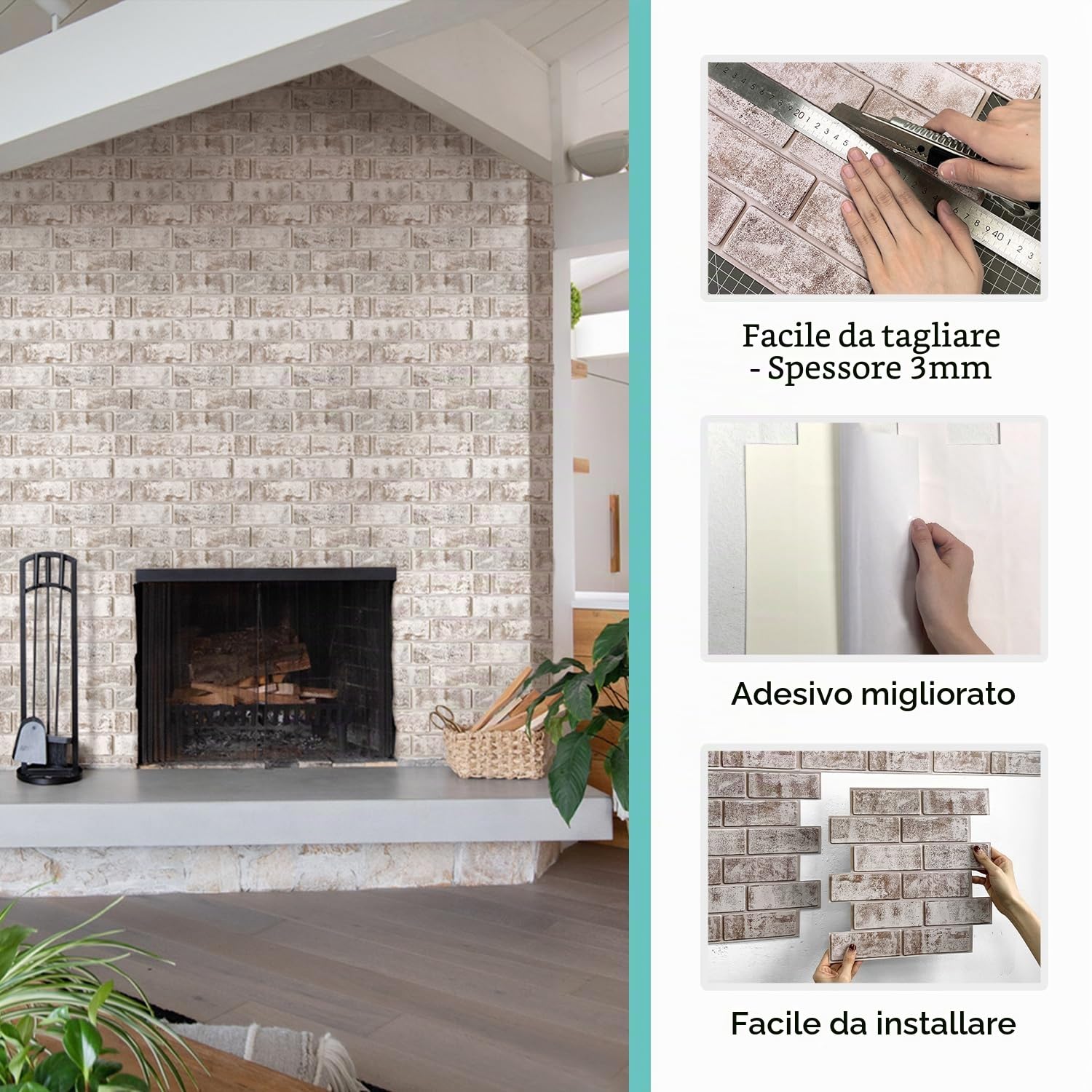 Commomy 10 Pezzi Mattoni Adesivi Murali 3D Pannelli Da Parete 3D Finto Mattone, 30 X 30 cm, Pannelli Adesivi per Pareti 3D Mattoni Finti PVC Autoadesivi Pannelli Decorativi Per Pareti Interne