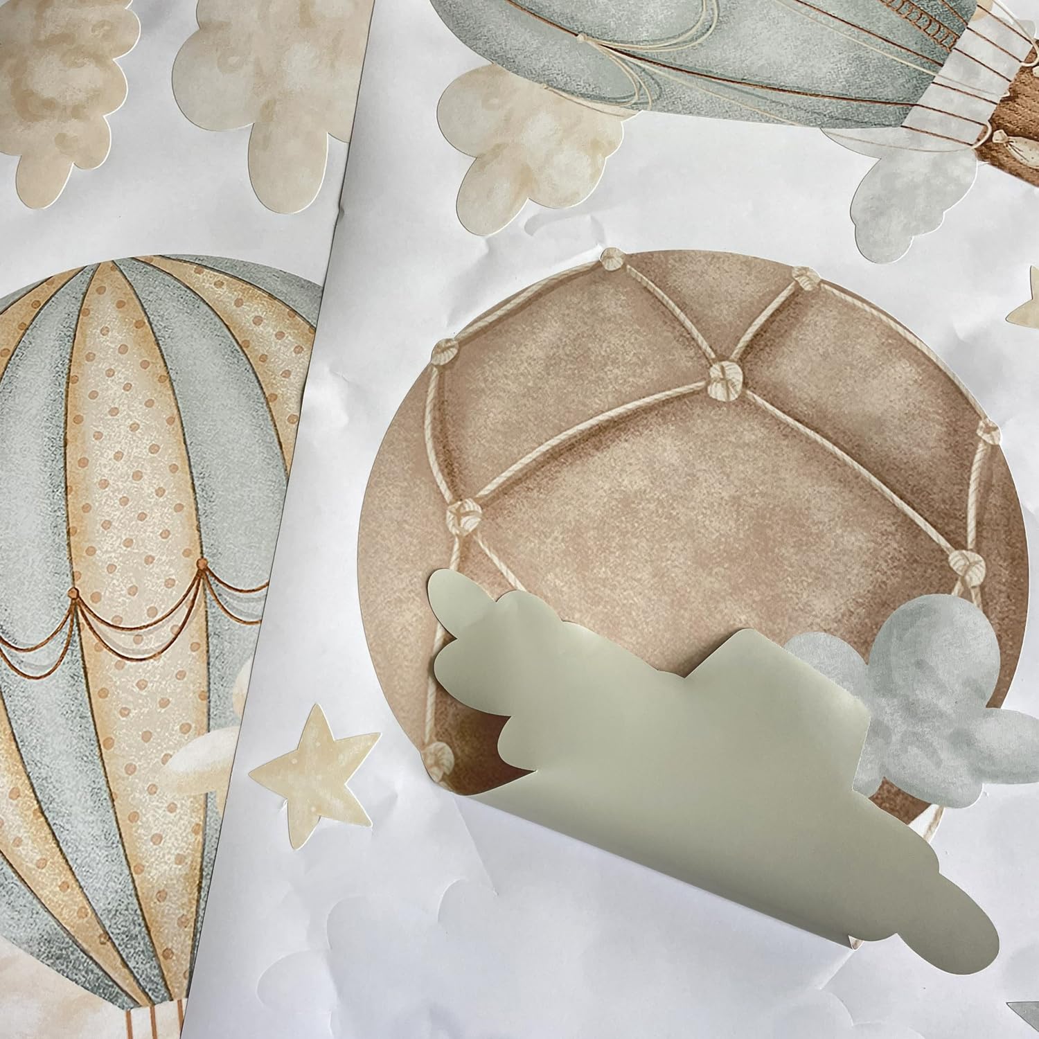 Calcomanía de pared de tela con diseño de globo aerostático de acuarela, estrellas y nubes, calcomanías para bebé, guardería, habitación de niños, decoración de sala de juegos