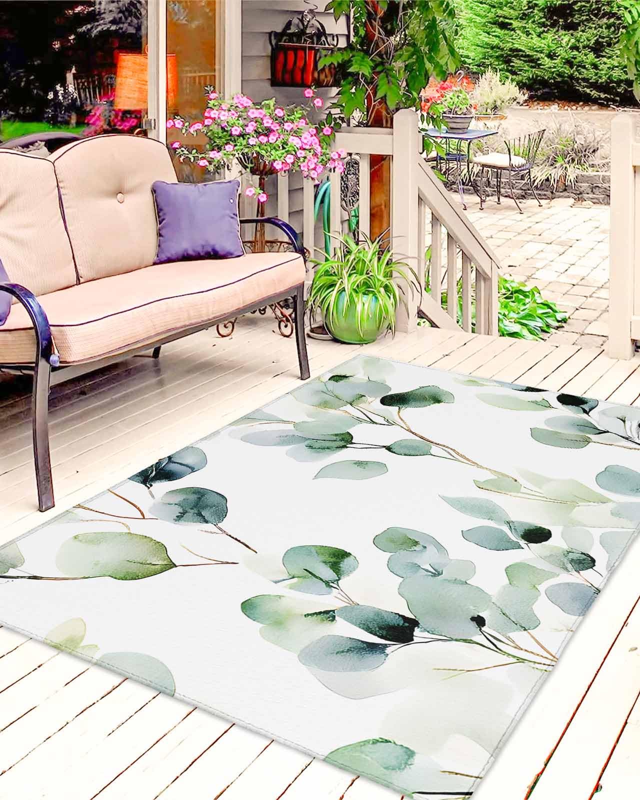 Tappeto per esterni con foglie di eucalipto, 1,2 x 1,8 m, non perde pelo, per cortile, portico e campeggio, grande tappeto country per interni, soggiorno e decorazione della terrazza