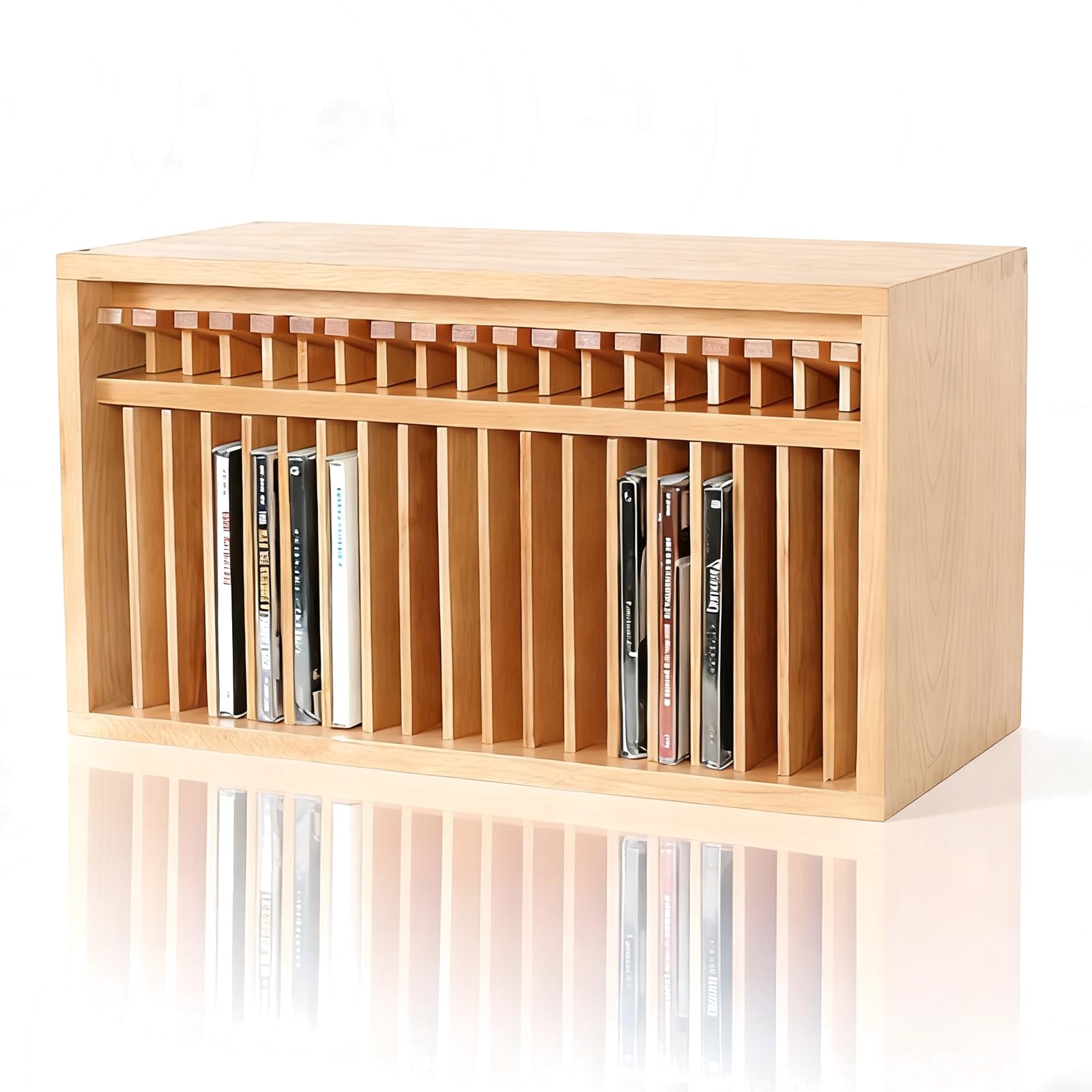 Supporto per CD e DVD, in legno, capacità 19 CD, comodo pulsante pop-up, ideale per casa, ufficio, sala musica, sala teatro