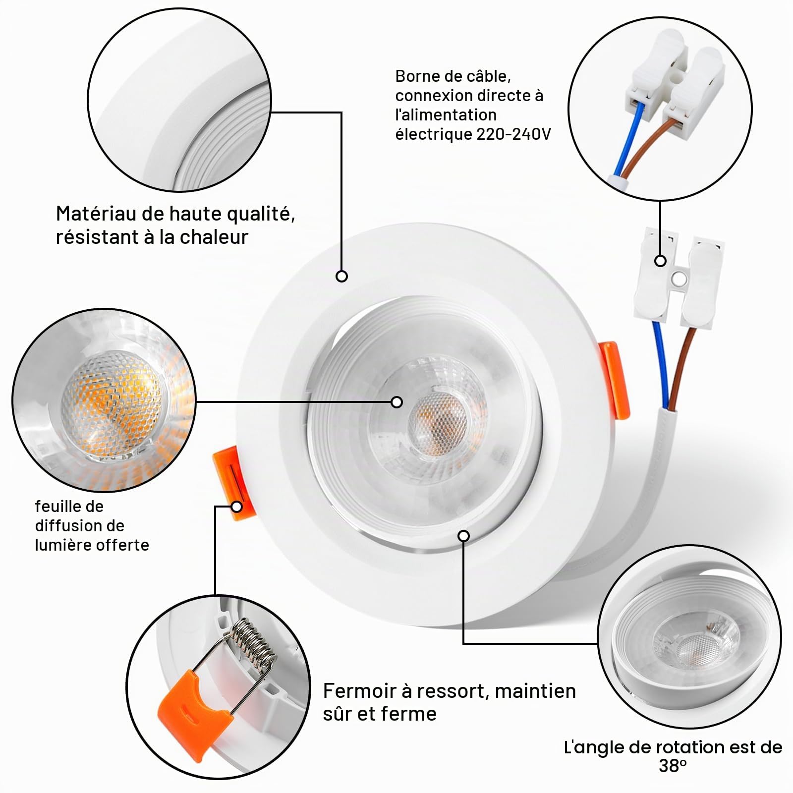 Spot Led Encastrable 5W Spot Plafond Orientable Blanc Chaud 3000K Étanche IP44 Plafonnier Encastré LED Extra Plat 24mm pour Salle de Bain Salon, Lot de 10