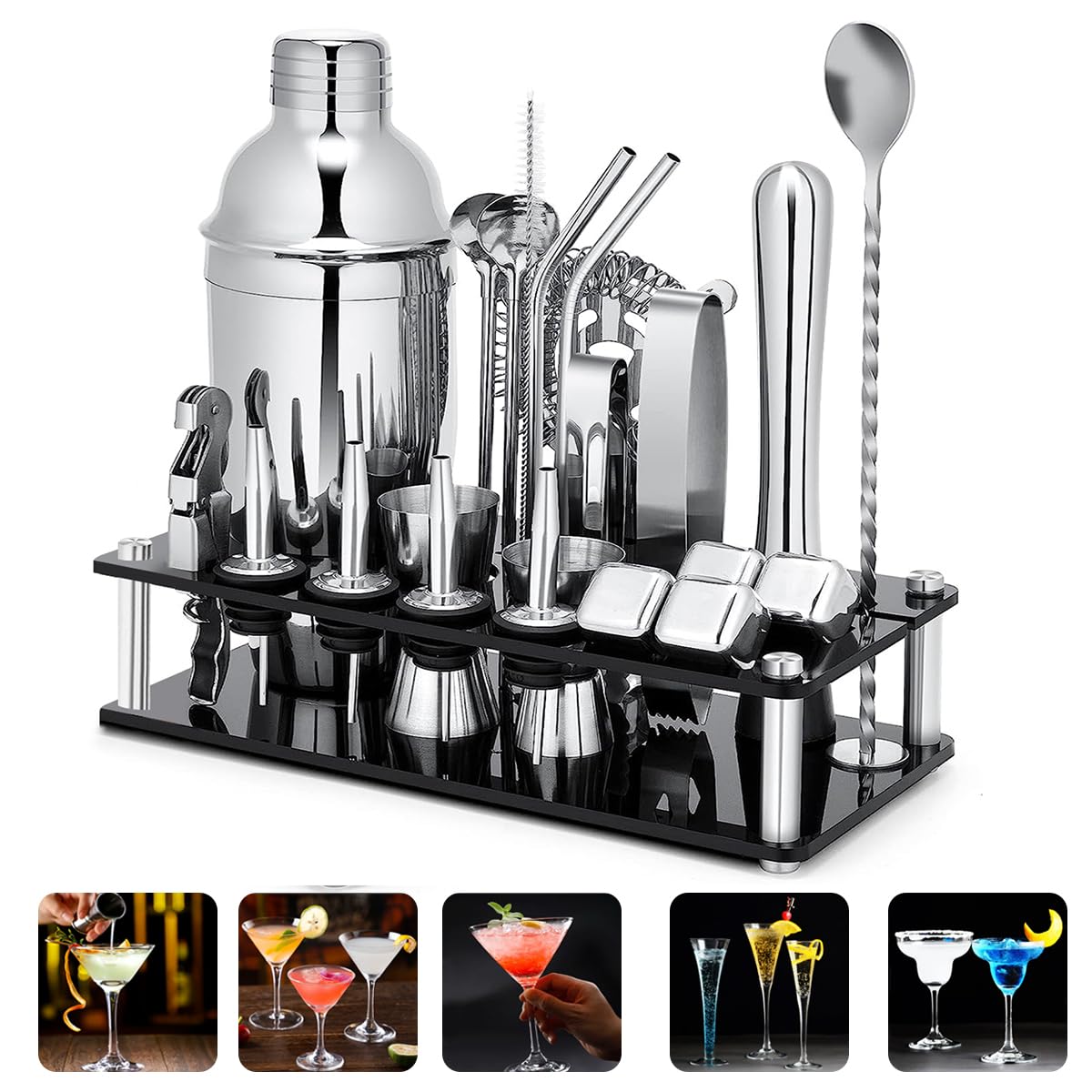Cocktail Shaker Set, 23PCS Boston Bartender Kit Professional Bar Tools, Stainless Steel Martini Shaker Full Kit with 4 Whiskey Stones & Stand Complete Bar Mixing Set for Drink Mixing Home Bar Party