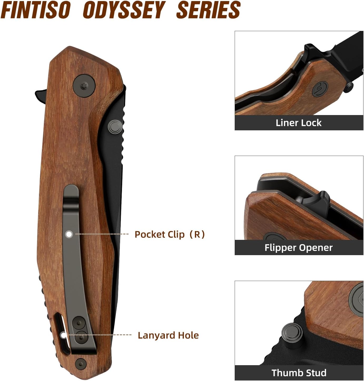 FINTISO Odyssey 3.22" Folding Knife, Pocket Knife with Premium 14C28N Blade, Red Sandalwood Wood Handle, Pocket Clip, Portable EDC Knife for Outdoor Camping Hiking, Gift for Men Women