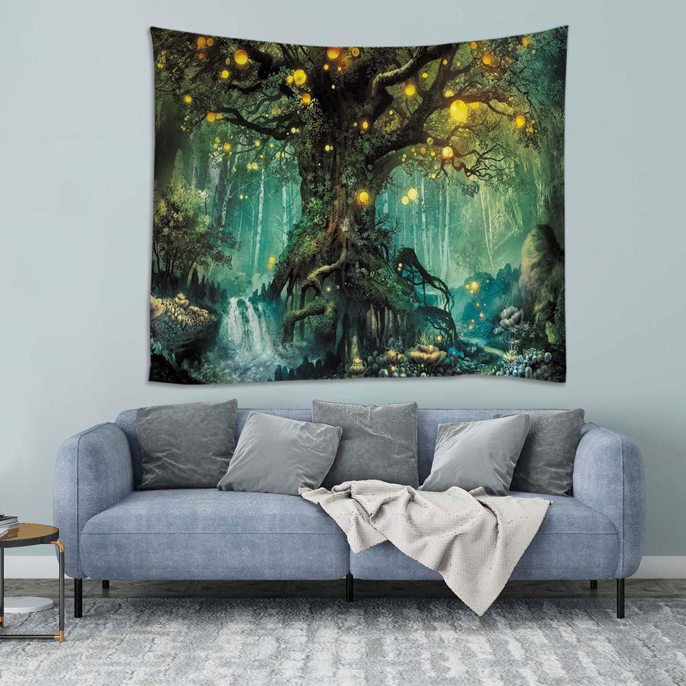 Ruibo Fantasy Arazzo Da Parete – Foresta Magica, Albero Della Vita, Elfi – 200x150 Cm, Verde, Poliestere