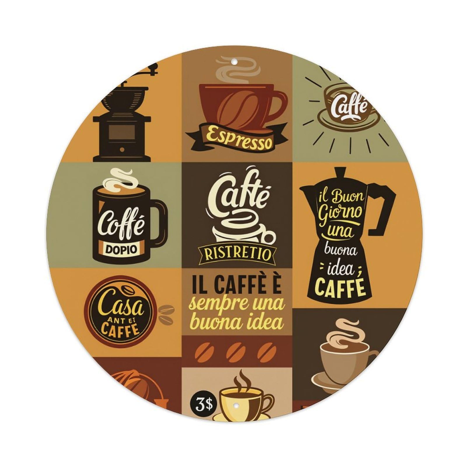 Coffee Espresso Caffe Ristretto Doppio Vintage Metal Tin Sign Retro Wall Decor for Home Bar Garage Cafe, Indoor & Outdoor Decorative，circle Metal Poster, 8x8 Inch