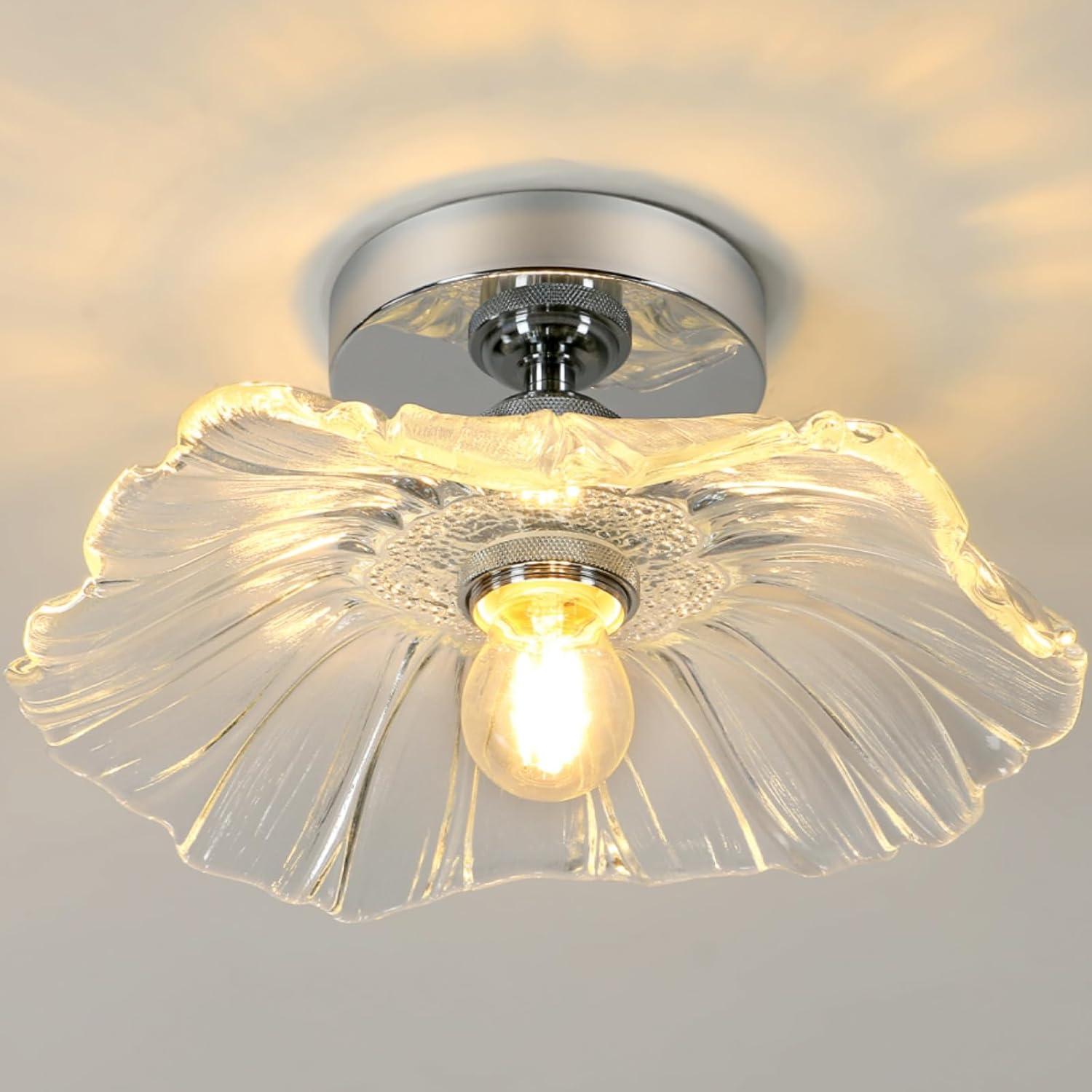 DELIPOP Semi Flush Mount Ceiling Light, Modern Flower Ceiling Light Fixture with Vintage Glass Shade, Hallway Flower Chandelier for Entryway, Porch Flower-Glass