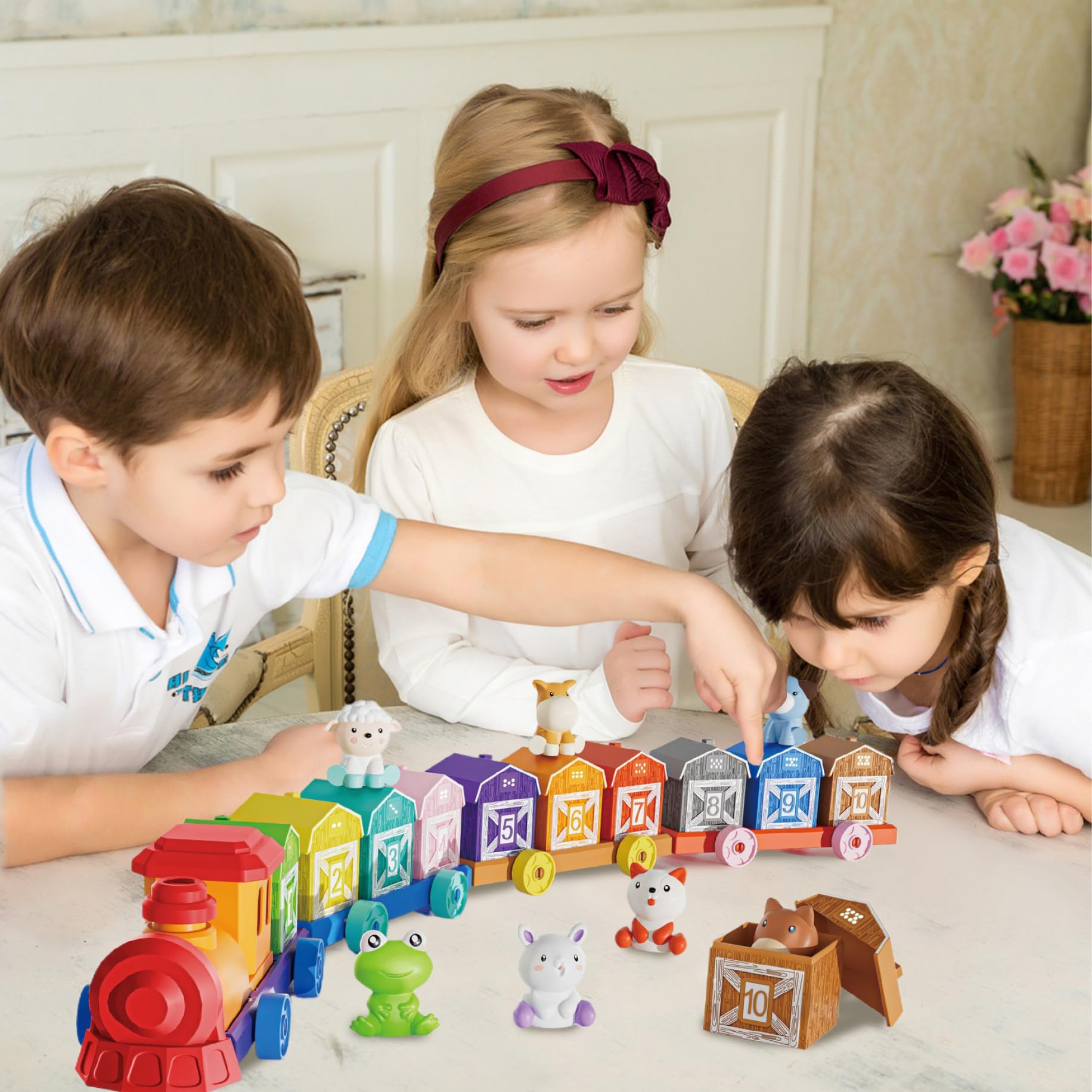 Set di trenini per Bambini attività di conteggio, Abbinamento e ordinamento Trenino per Bambini con Animali da Fattoria Marionette da Dito Giocattoli Montessori per
