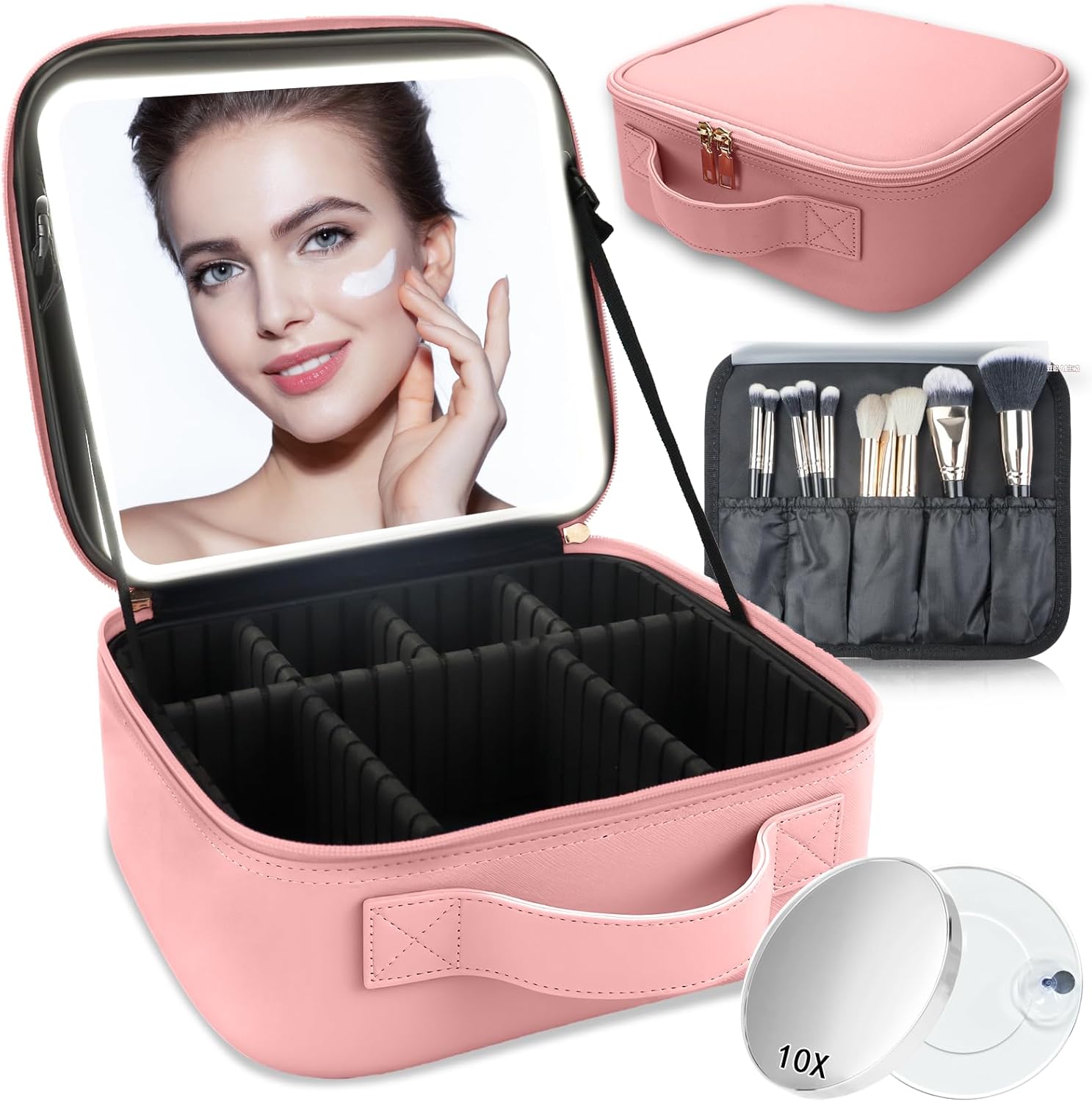 Makeup Bag with Led Mirror,with 3 Color Setting & 10x Magnifying Mirror, Portable Storage and Adjustable Dividers Travel Makeup Bag,for Women and Makeup Artists Large Vanity Makeup Cases-Pink