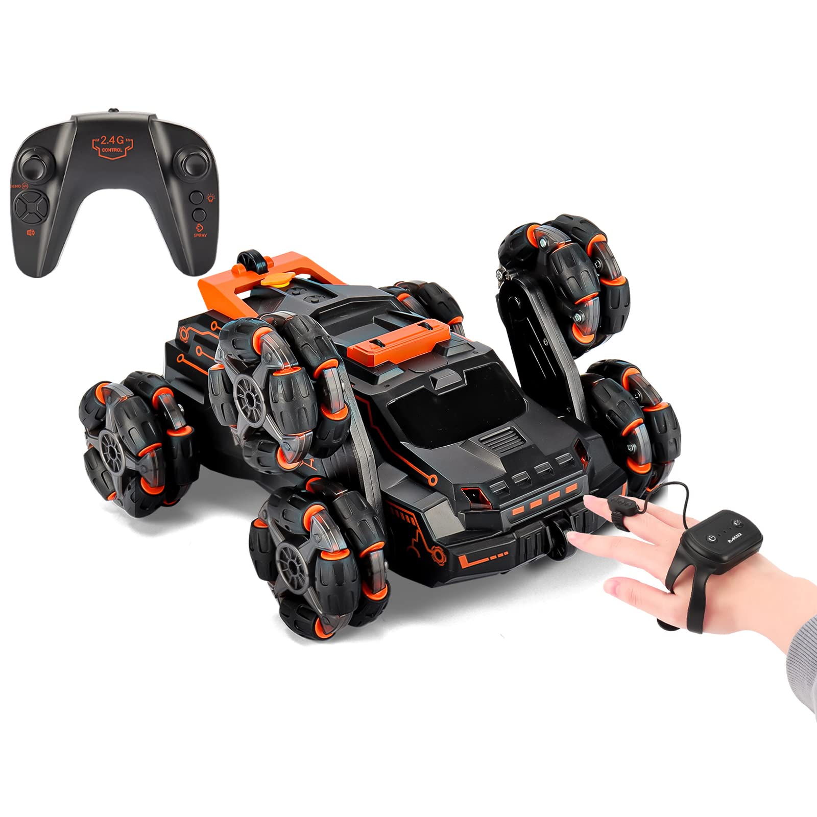 QENETY RC Stunt Car with Gesture Control Drift RC Cars Monster Truck All Terrains with Lights & Smoke, 2.4ghz 4WD Offroad RC Stunt Car Rechargeable for Children & Adults - Orange