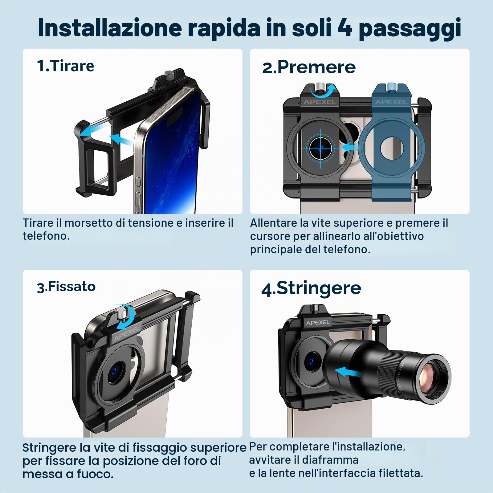 APEXEL Teleobiettivo HD 6X con messa a fuoco fissa e clip universale migliorata, obiettivo macro da 150 mm, pratico set di obiettivi, compatibile con la maggior parte dei telefoni cellulari