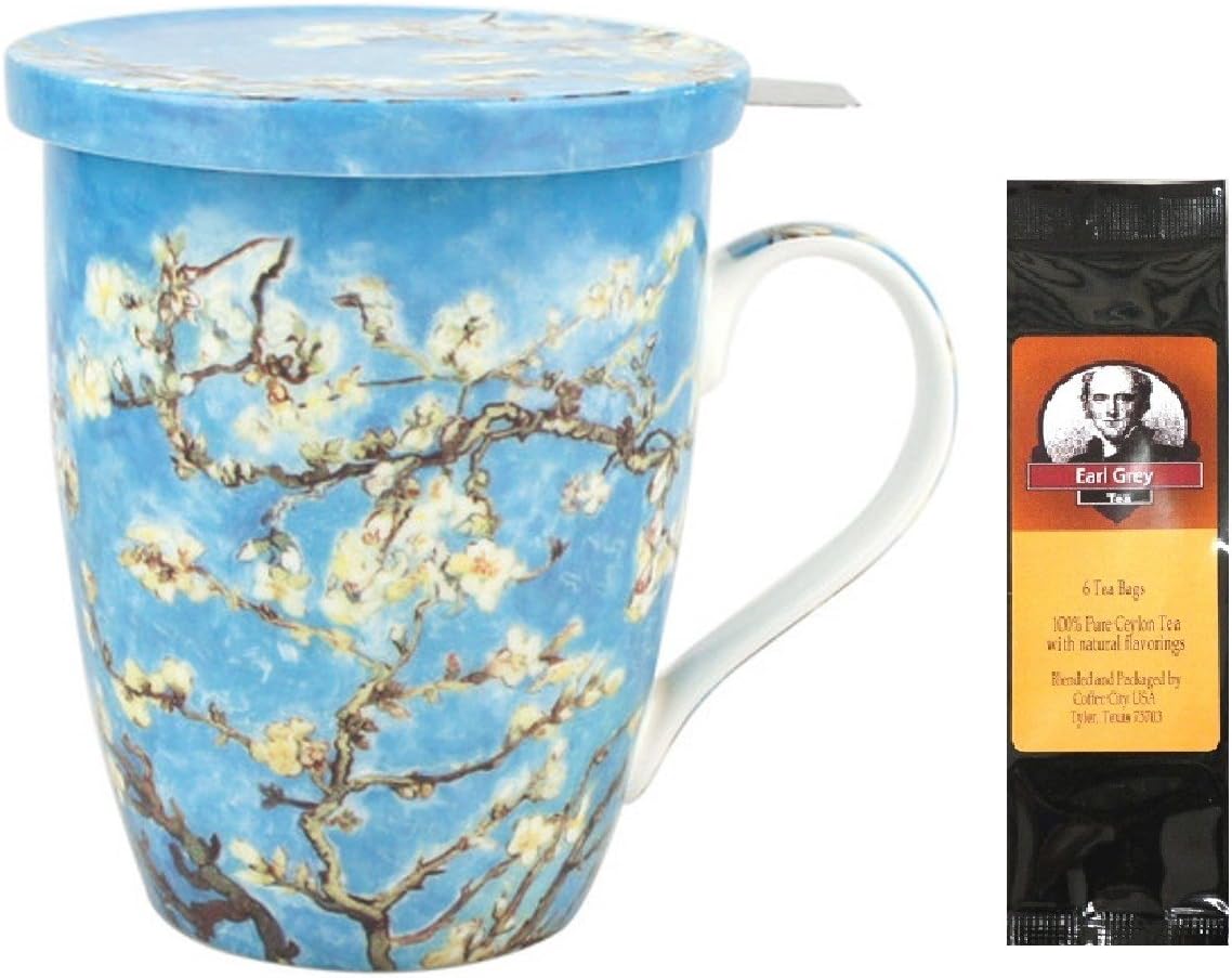 Van Gogh Almond Blossoms Tea Mug, Infuser and Lid in Box and 6 Tea Bags, Bundle 2 Items